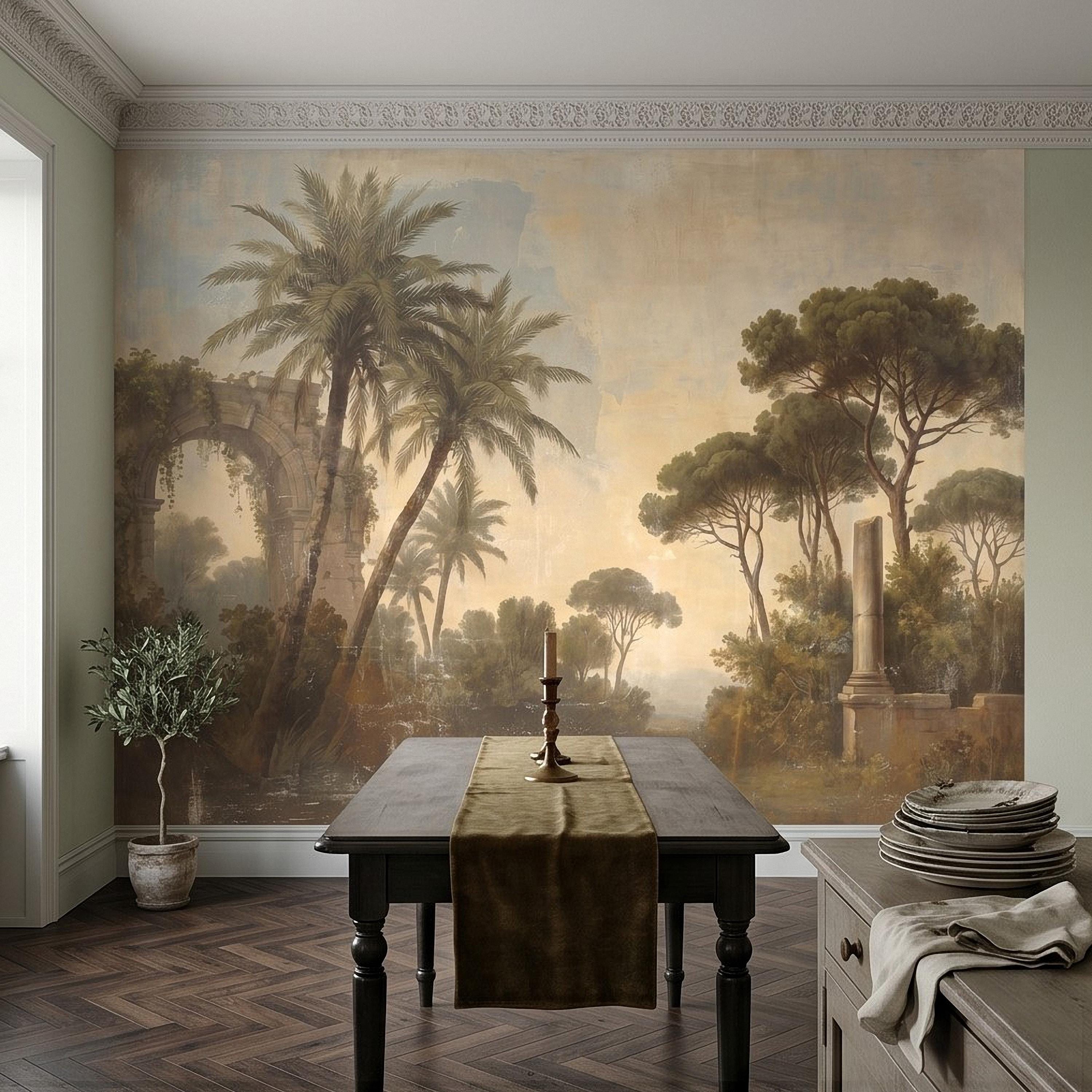 Vintage Mediterranean Landscape Peel and Stick Wall Mural, Palm Trees & Roman Ruins, Soft Sunset Garden Scene, Antique Fresco Wallpaper