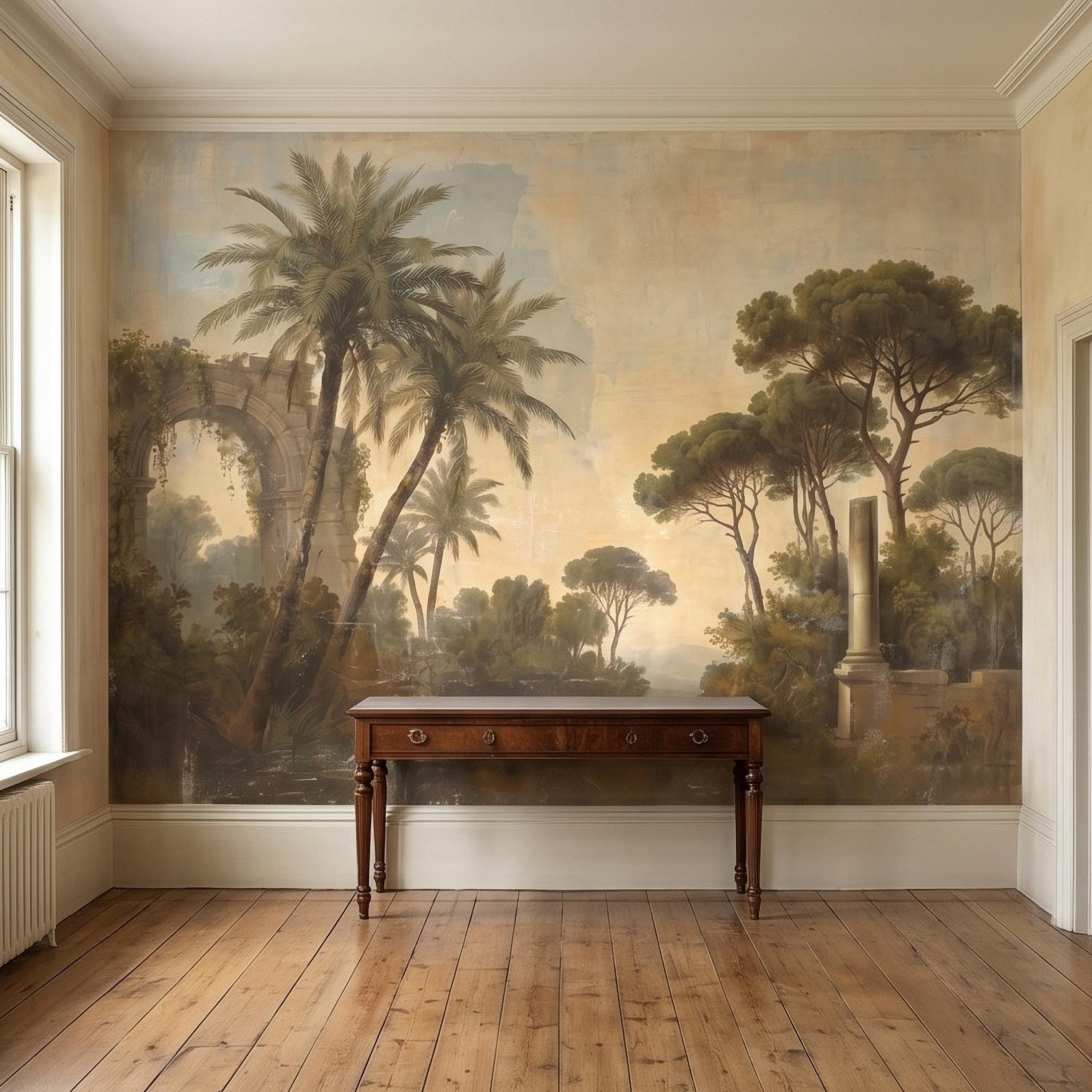 Vintage Mediterranean Landscape Peel and Stick Wall Mural, Palm Trees & Roman Ruins, Soft Sunset Garden Scene, Antique Fresco Wallpaper