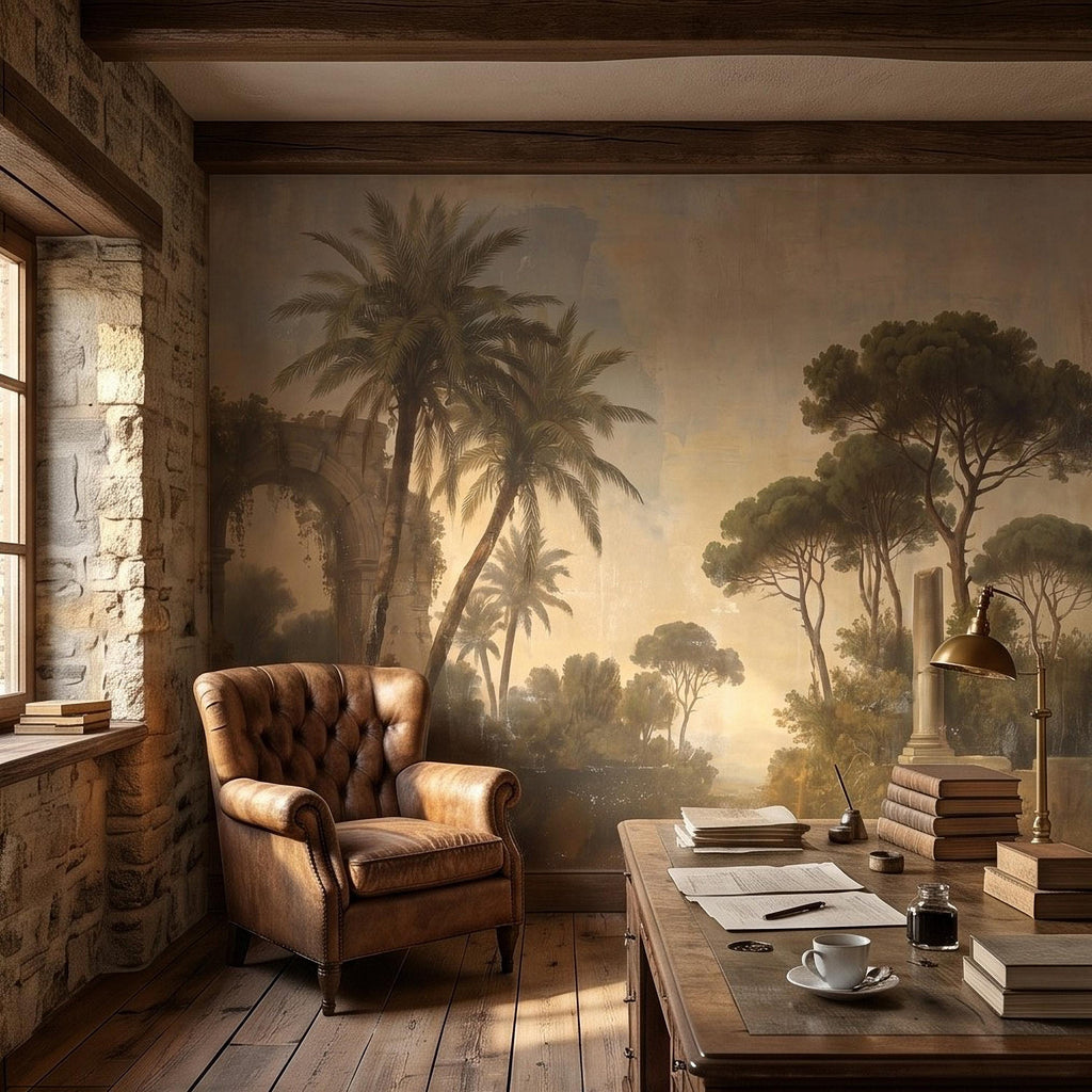 Vintage Mediterranean Landscape Peel and Stick Wall Mural, Palm Trees & Roman Ruins, Soft Sunset Garden Scene, Antique Fresco Wallpaper