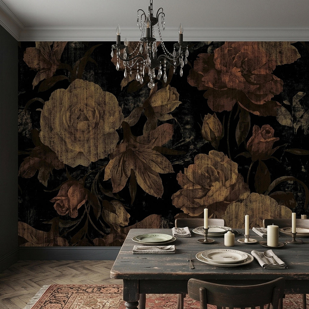Dark Vintage Roses Peel and Stick Wall Mural, Moody Black Floral Botanical, Distressed Antique Flower Pattern, Gothic Grunge Wallpaper