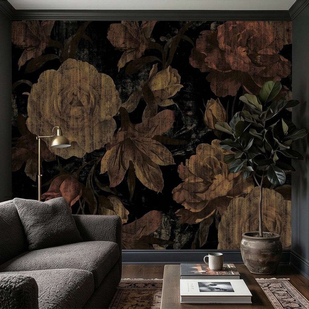 Dark Vintage Roses Peel and Stick Wall Mural, Moody Black Floral Botanical, Distressed Antique Flower Pattern, Gothic Grunge Wallpaper