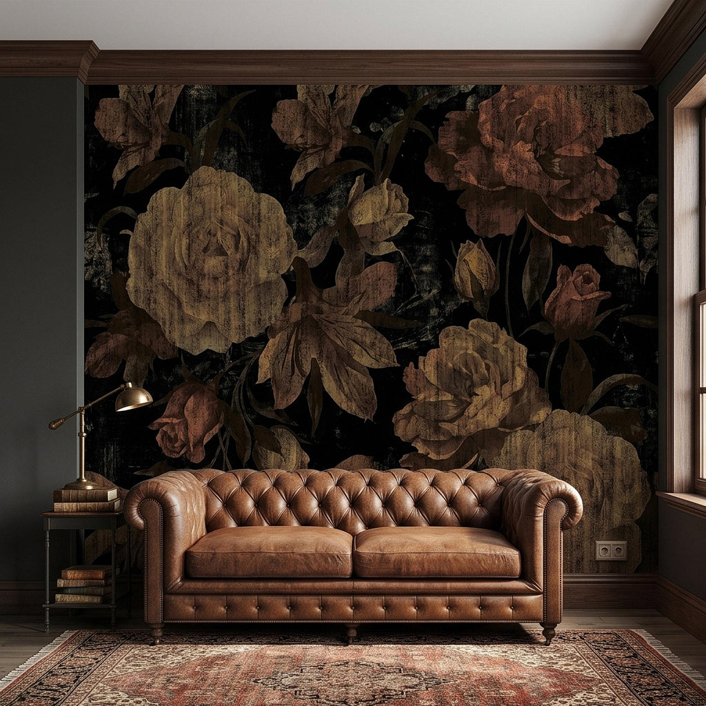 Dark Vintage Roses Peel and Stick Wall Mural, Moody Black Floral Botanical, Distressed Antique Flower Pattern, Gothic Grunge Wallpaper