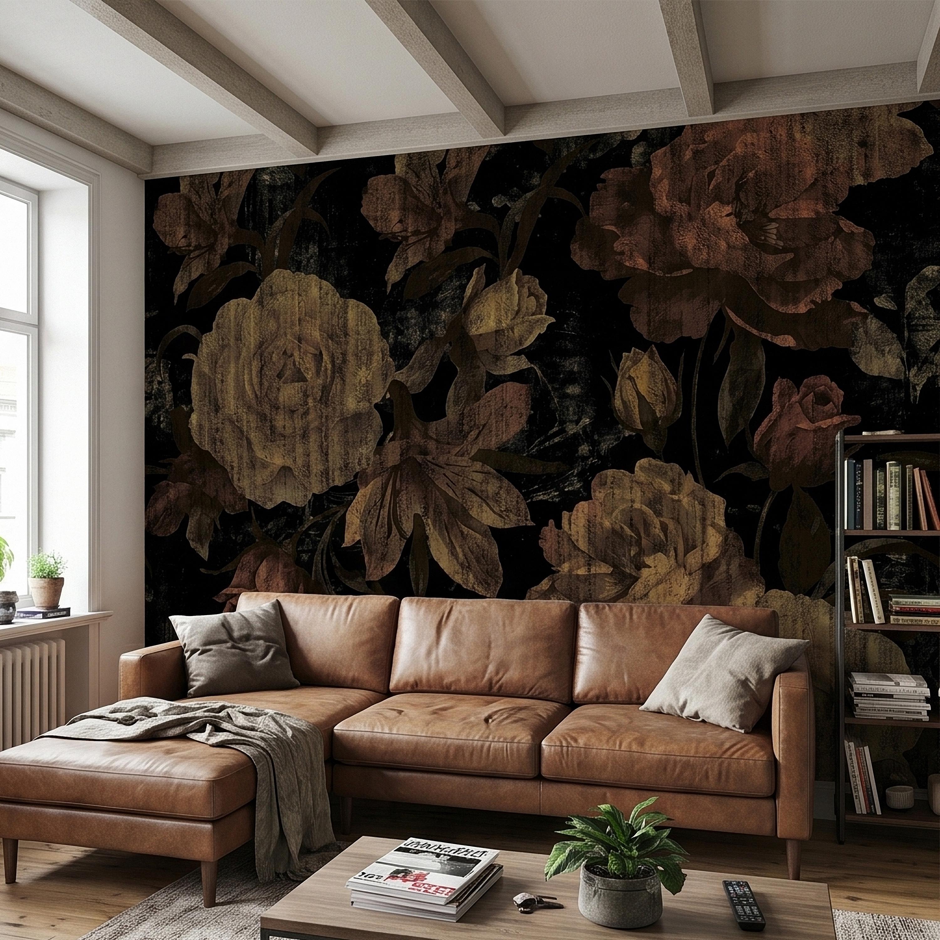 Dark Vintage Roses Peel and Stick Wall Mural, Moody Black Floral Botanical, Distressed Antique Flower Pattern, Gothic Grunge Wallpaper