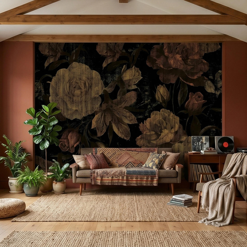 Dark Vintage Roses Peel and Stick Wall Mural, Moody Black Floral Botanical, Distressed Antique Flower Pattern, Gothic Grunge Wallpaper
