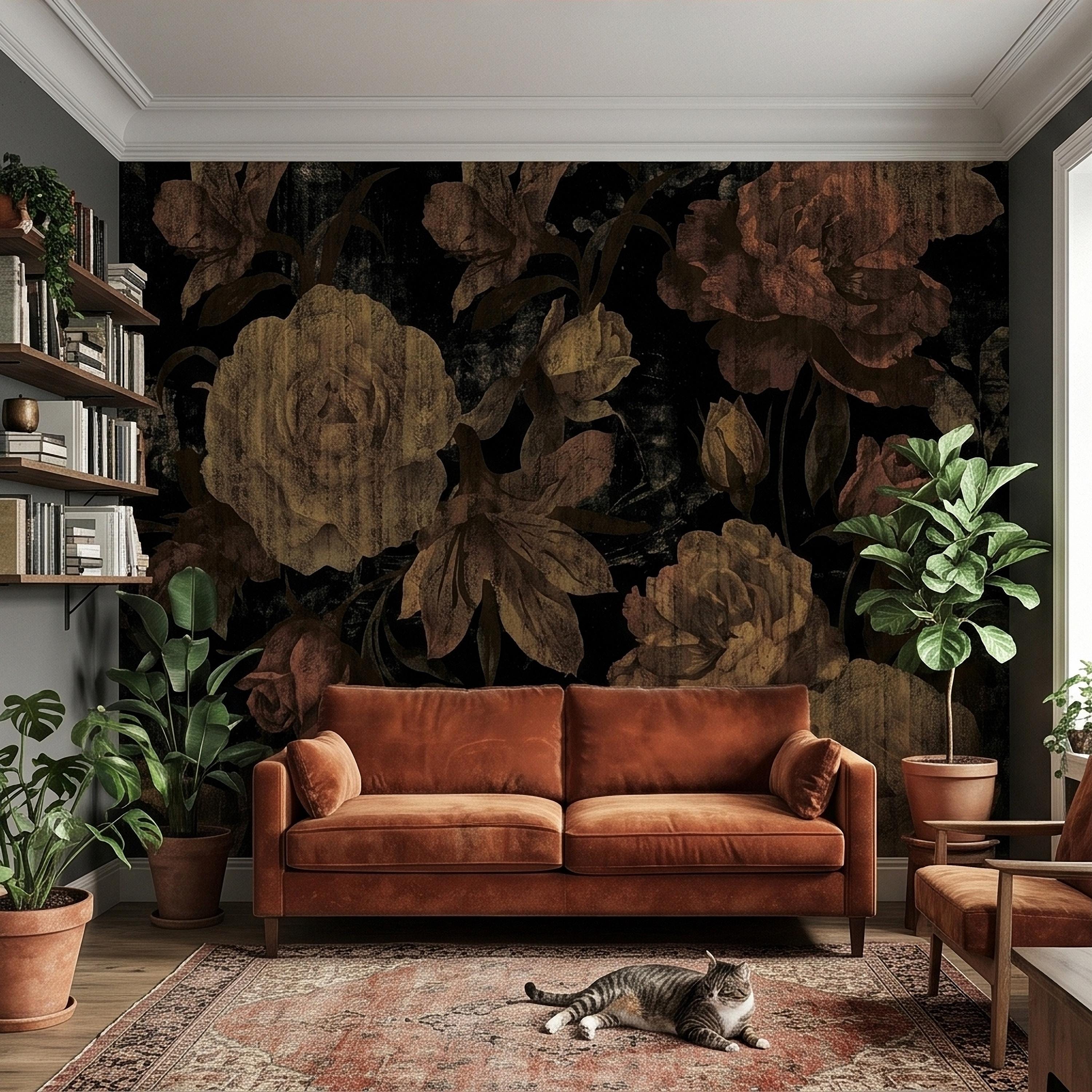 Dark Vintage Roses Peel and Stick Wall Mural, Moody Black Floral Botanical, Distressed Antique Flower Pattern, Gothic Grunge Wallpaper
