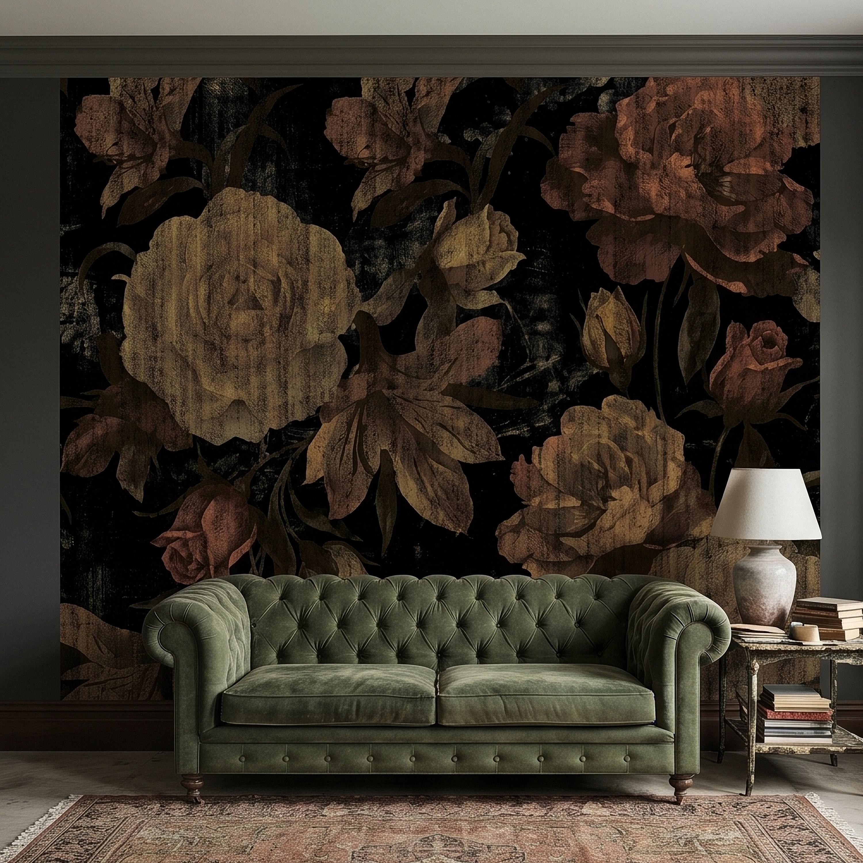 Dark Vintage Roses Peel and Stick Wall Mural, Moody Black Floral Botanical, Distressed Antique Flower Pattern, Gothic Grunge Wallpaper