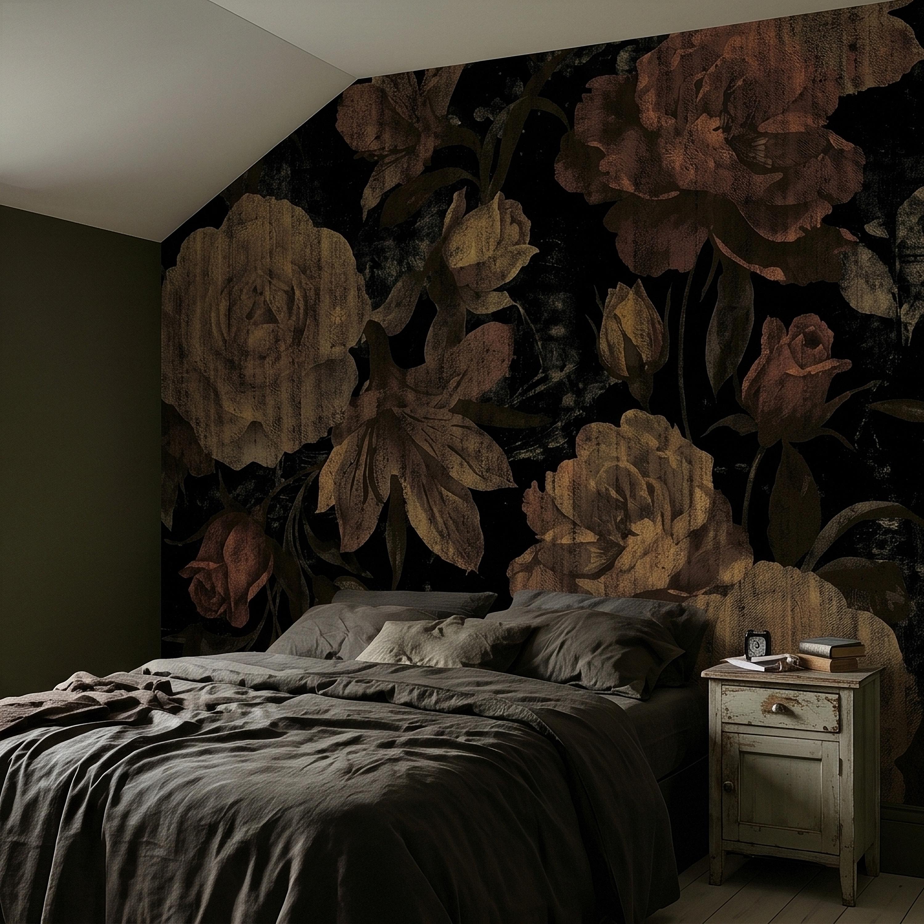 Dark Vintage Roses Peel and Stick Wall Mural, Moody Black Floral Botanical, Distressed Antique Flower Pattern, Gothic Grunge Wallpaper