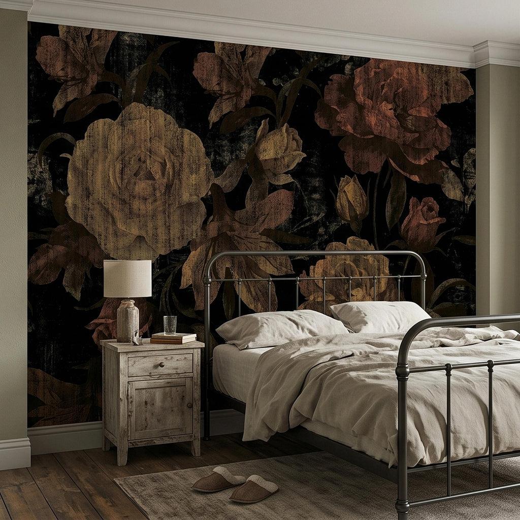 Dark Vintage Roses Peel and Stick Wall Mural, Moody Black Floral Botanical, Distressed Antique Flower Pattern, Gothic Grunge Wallpaper