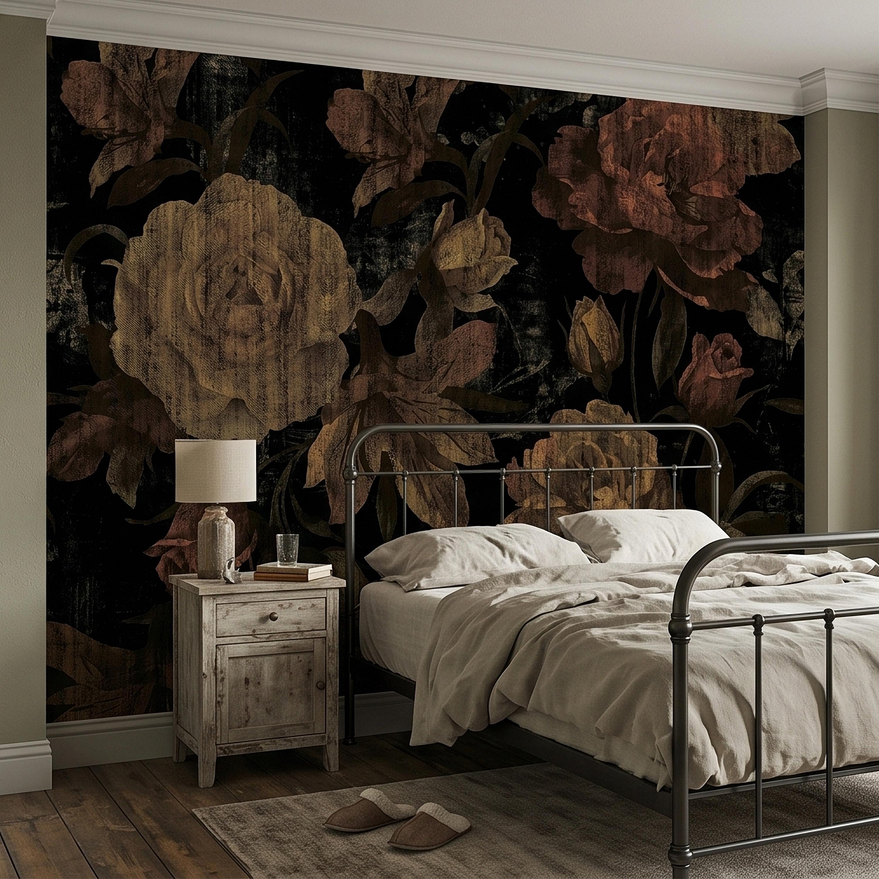 Dark Vintage Roses Peel and Stick Wall Mural, Moody Black Floral Botanical, Distressed Antique Flower Pattern, Gothic Grunge Wallpaper