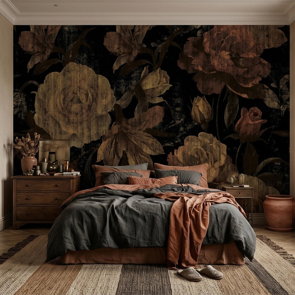 Dark Vintage Roses Peel and Stick Wall Mural, Moody Black Floral Botanical, Distressed Antique Flower Pattern, Gothic Grunge Wallpaper