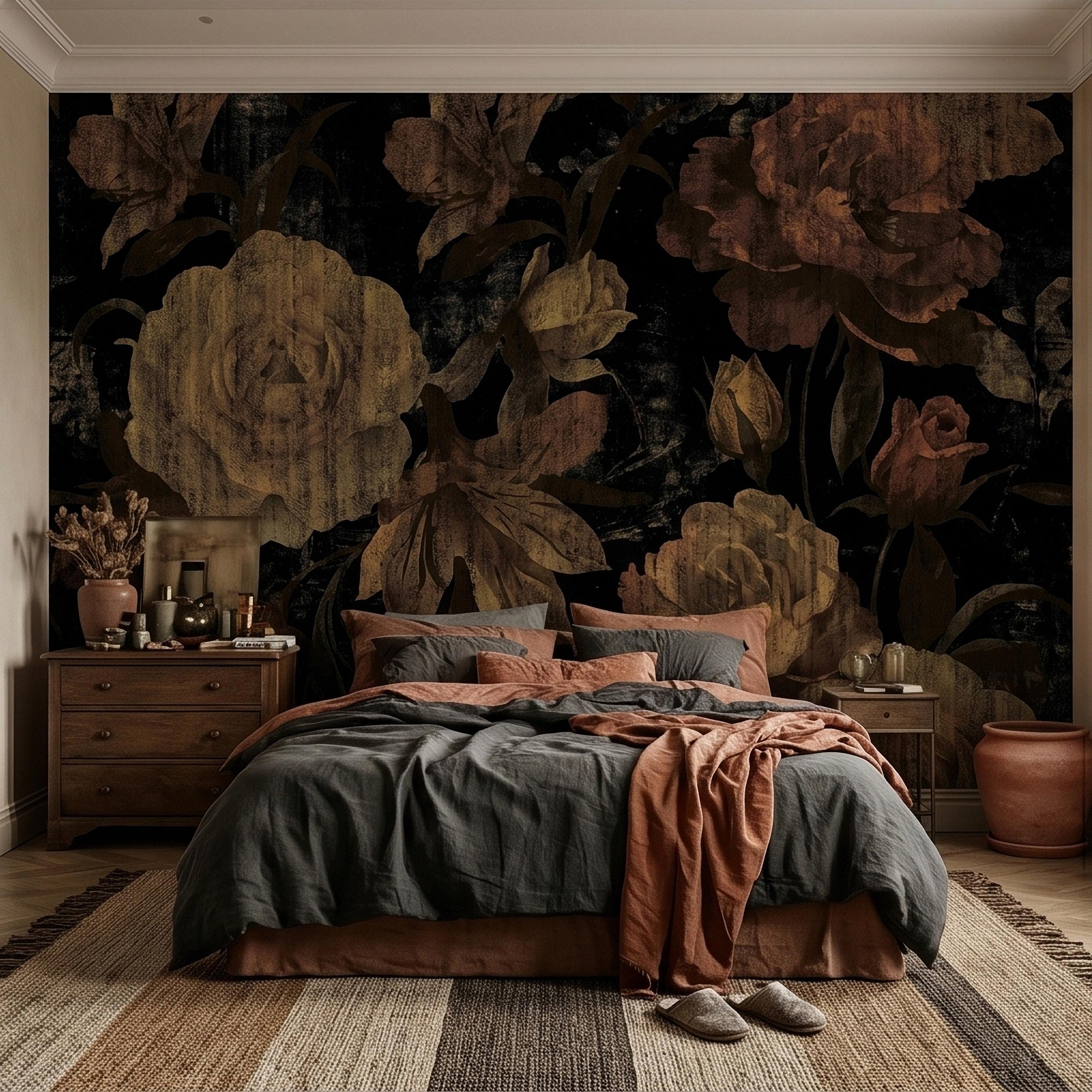Dark Vintage Roses Peel and Stick Wall Mural, Moody Black Floral Botanical, Distressed Antique Flower Pattern, Gothic Grunge Wallpaper