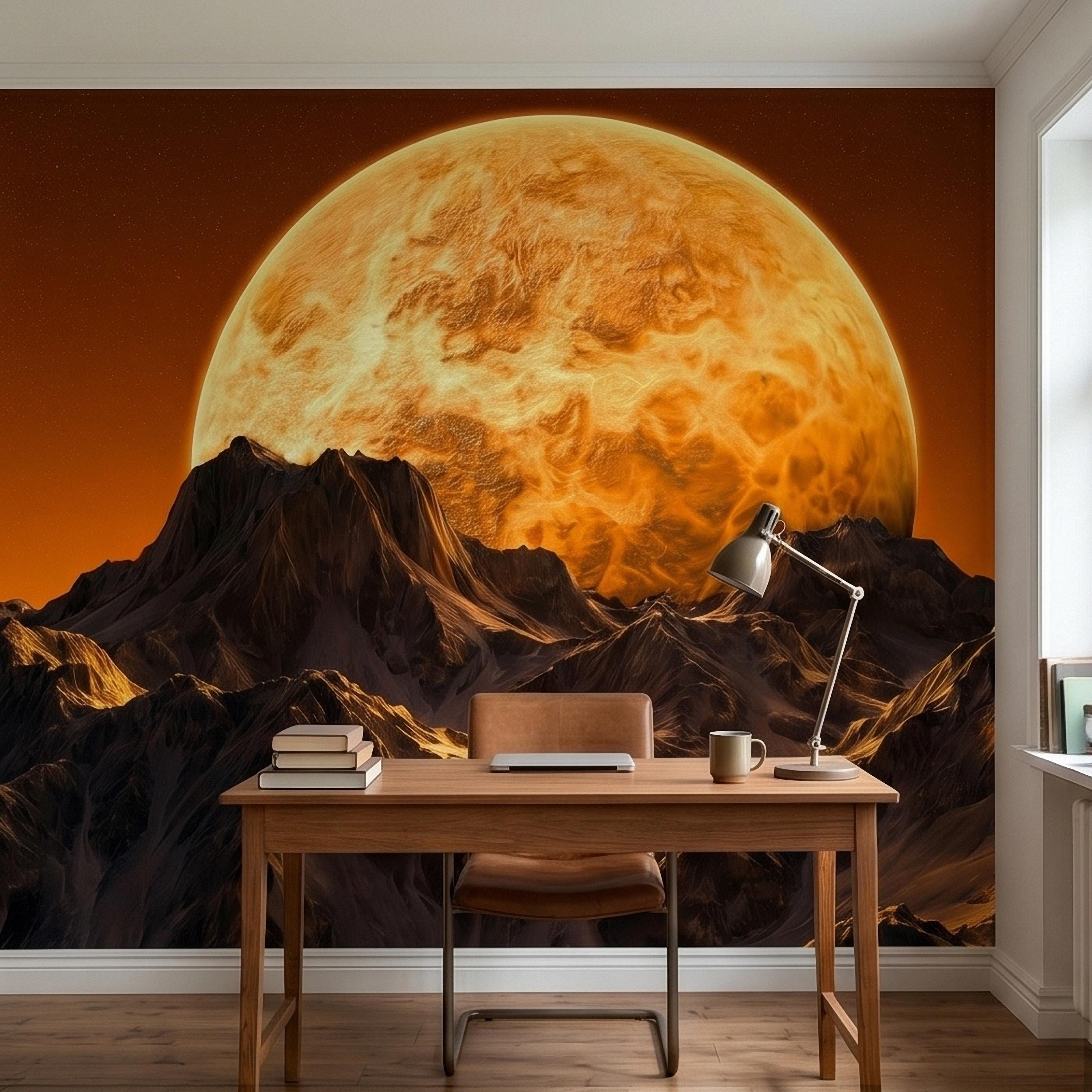 Giant Sun Over Mountains Peel and Stick Wall Mural, Space Sci Fi Celestial Landscape with Orange Sky, Epic Lunar Planet Horizon Wallpaper