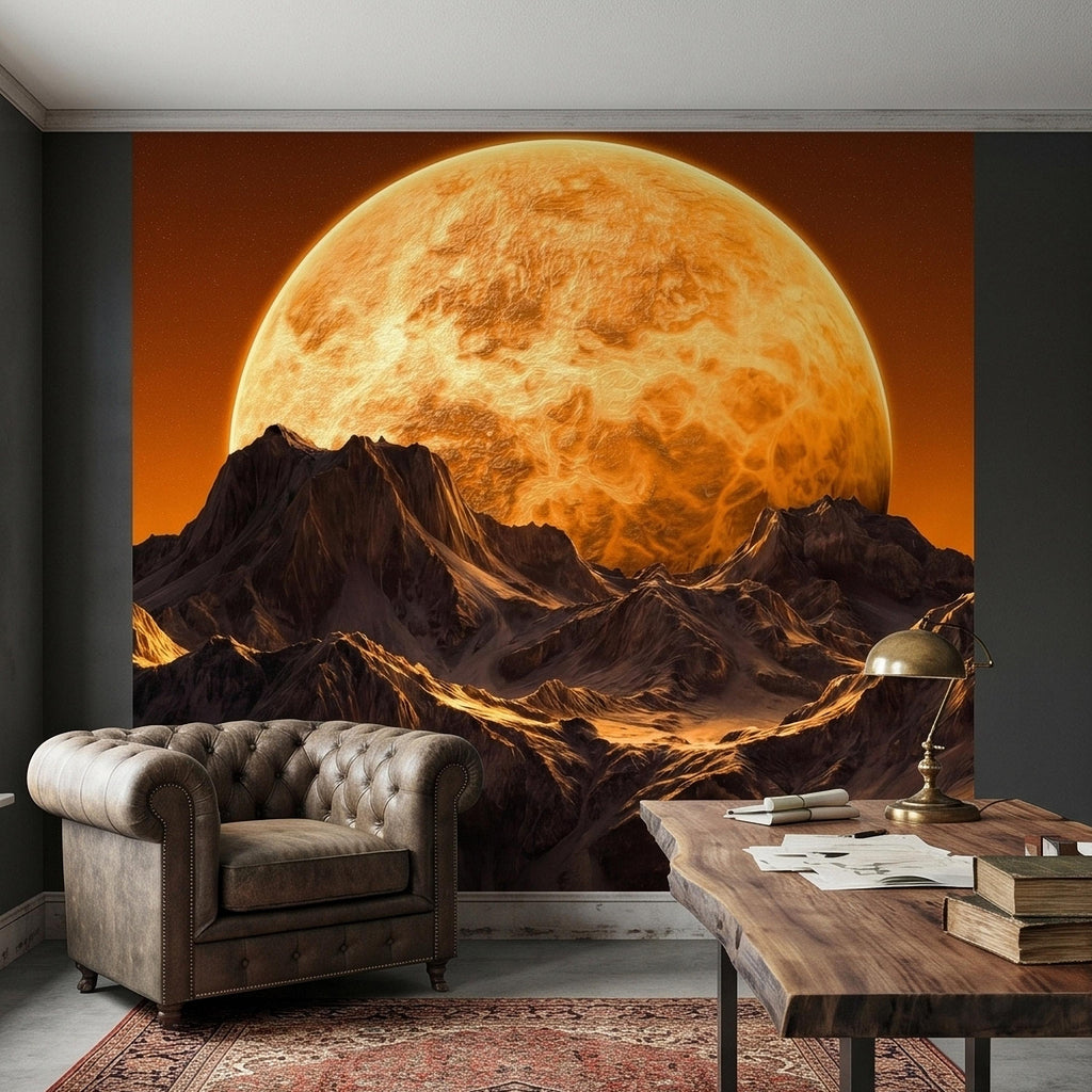 Giant Sun Over Mountains Peel and Stick Wall Mural, Space Sci Fi Celestial Landscape with Orange Sky, Epic Lunar Planet Horizon Wallpaper