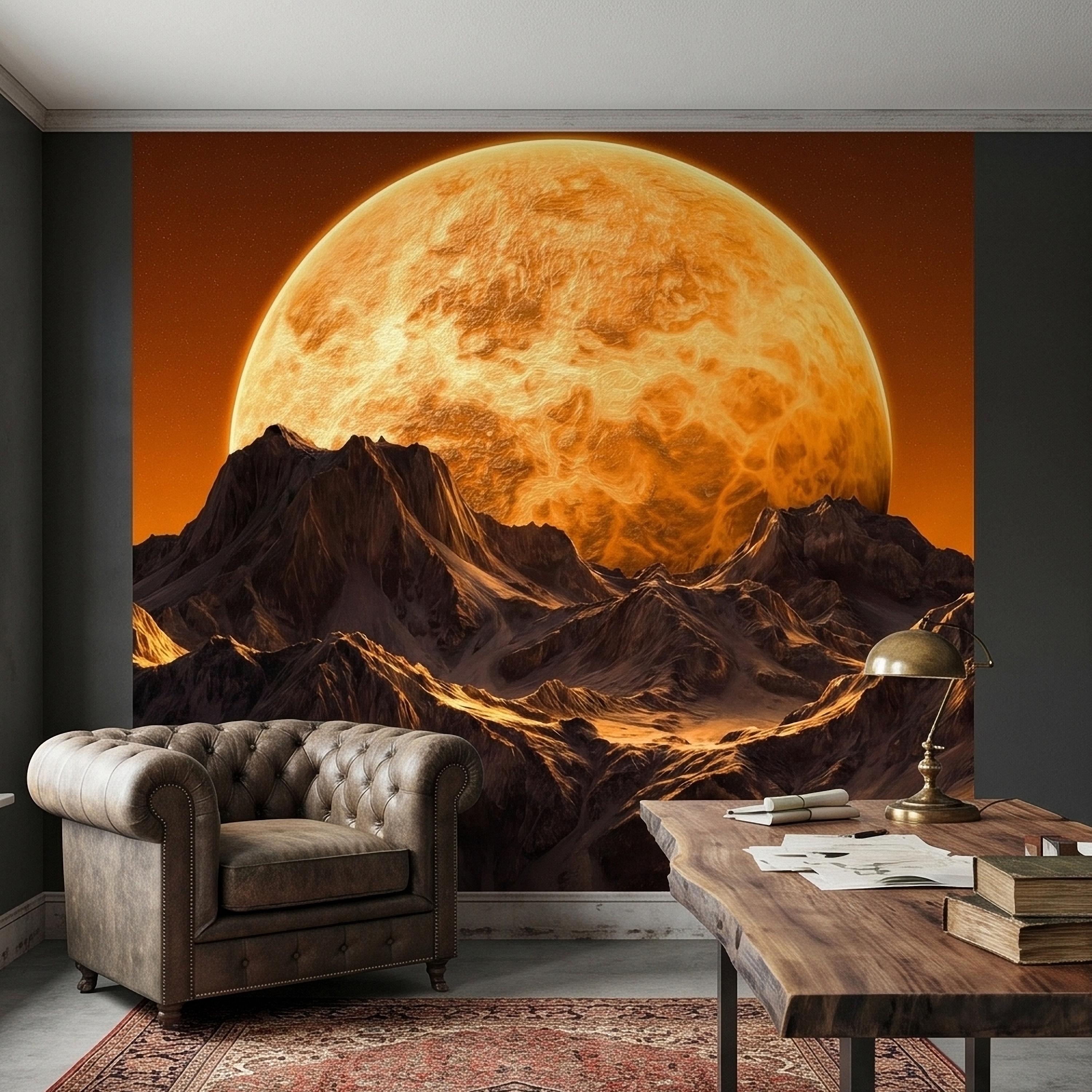 Giant Sun Over Mountains Peel and Stick Wall Mural, Space Sci Fi Celestial Landscape with Orange Sky, Epic Lunar Planet Horizon Wallpaper