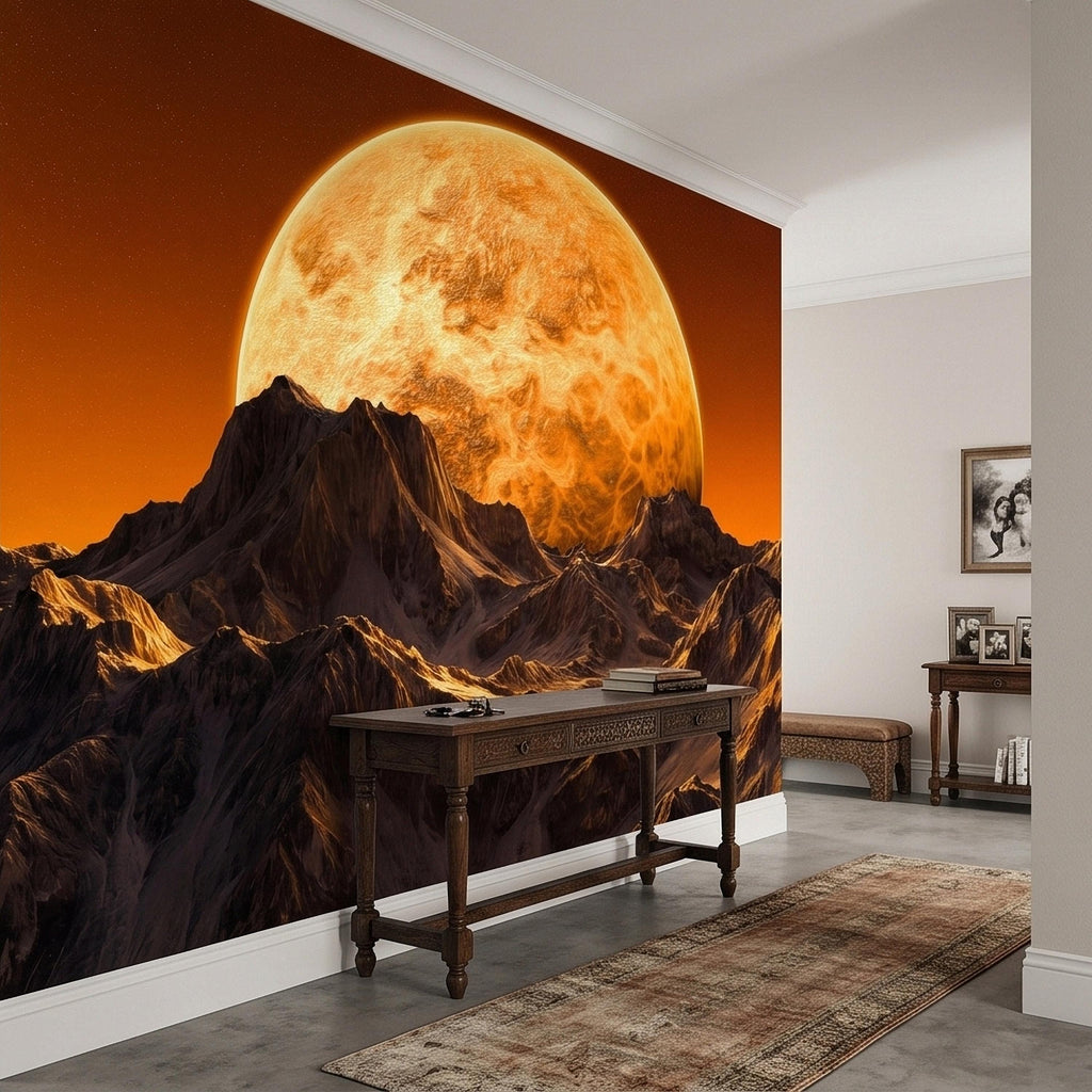 Giant Sun Over Mountains Peel and Stick Wall Mural, Space Sci Fi Celestial Landscape with Orange Sky, Epic Lunar Planet Horizon Wallpaper