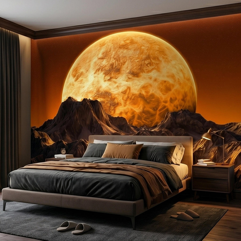 Giant Sun Over Mountains Peel and Stick Wall Mural, Space Sci Fi Celestial Landscape with Orange Sky, Epic Lunar Planet Horizon Wallpaper