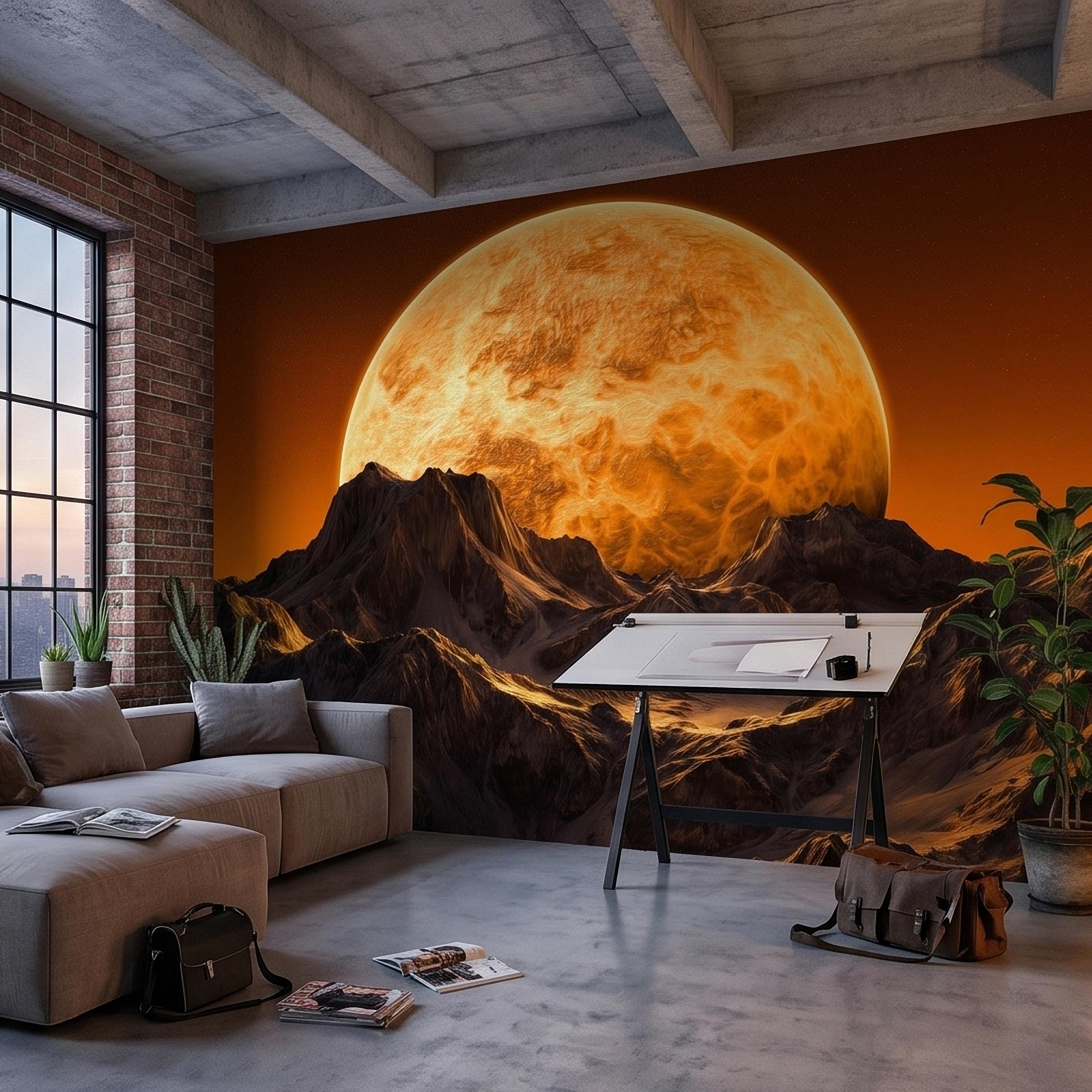 Giant Sun Over Mountains Peel and Stick Wall Mural, Space Sci Fi Celestial Landscape with Orange Sky, Epic Lunar Planet Horizon Wallpaper
