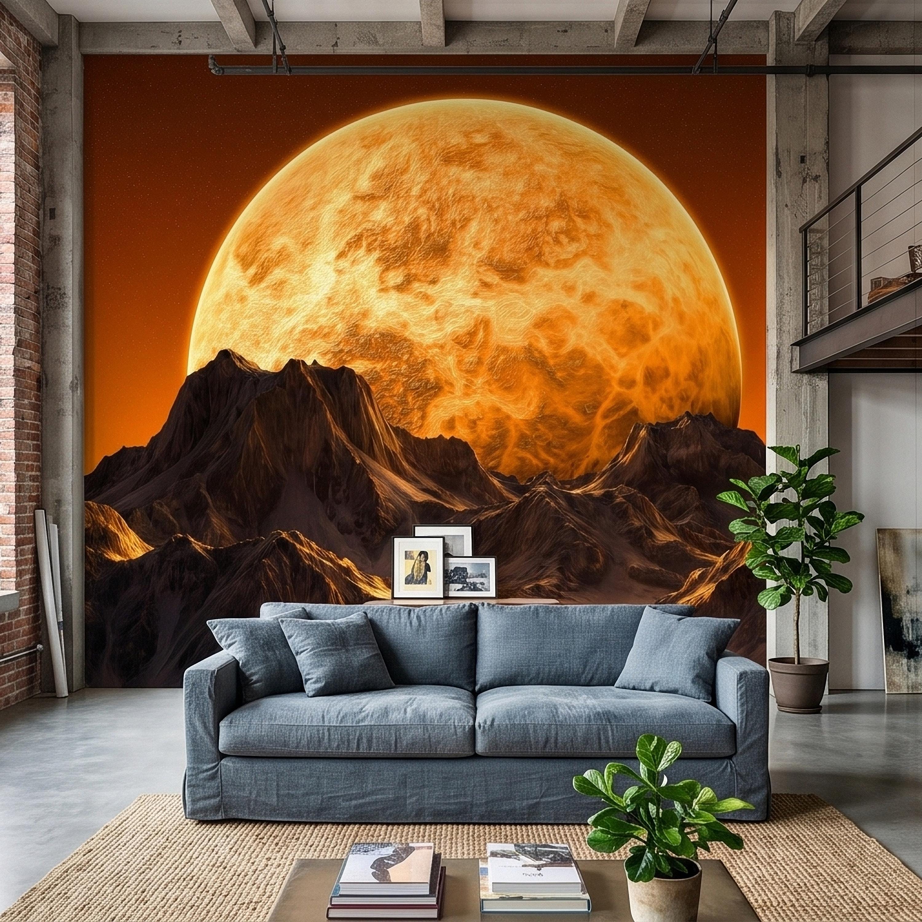 Giant Sun Over Mountains Peel and Stick Wall Mural, Space Sci Fi Celestial Landscape with Orange Sky, Epic Lunar Planet Horizon Wallpaper