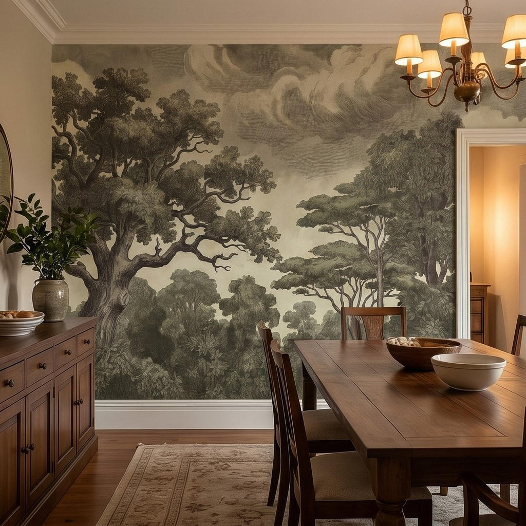 Vintage Engraved Forest Peel and Stick Wall Mural, Antique Old World Woodland Tree Landscape, Cloudy Sky Etching Botanical Toile Wallpaper