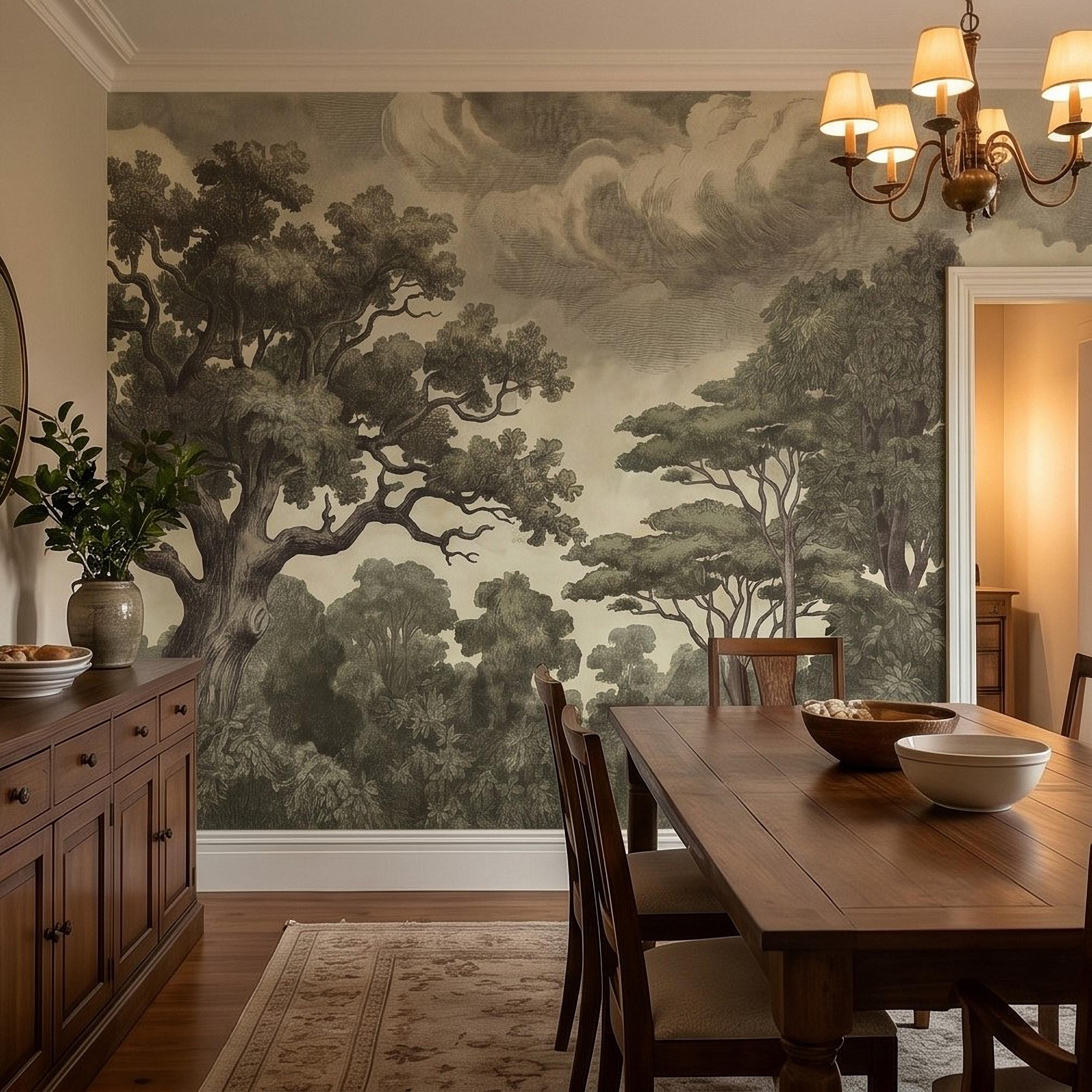 Vintage Engraved Forest Peel and Stick Wall Mural, Antique Old World Woodland Tree Landscape, Cloudy Sky Etching Botanical Toile Wallpaper
