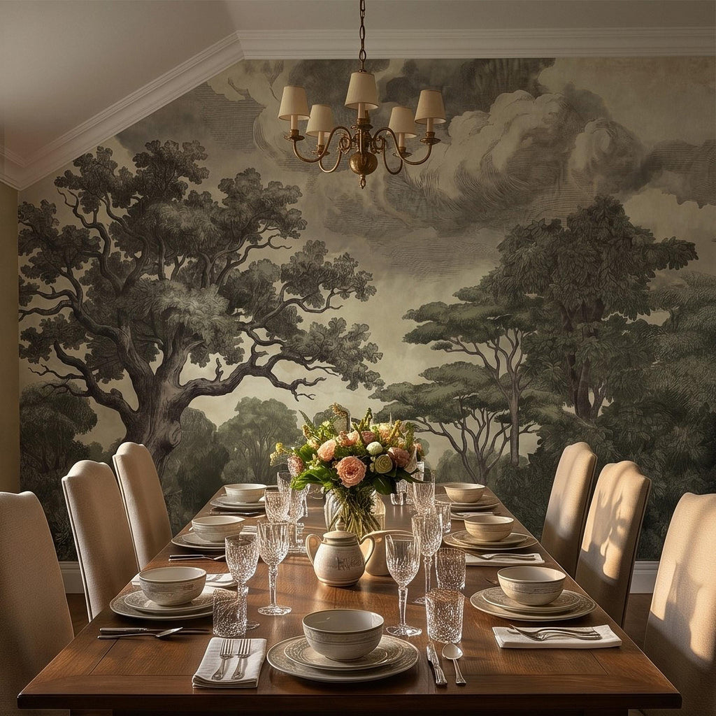 Vintage Engraved Forest Peel and Stick Wall Mural, Antique Old World Woodland Tree Landscape, Cloudy Sky Etching Botanical Toile Wallpaper