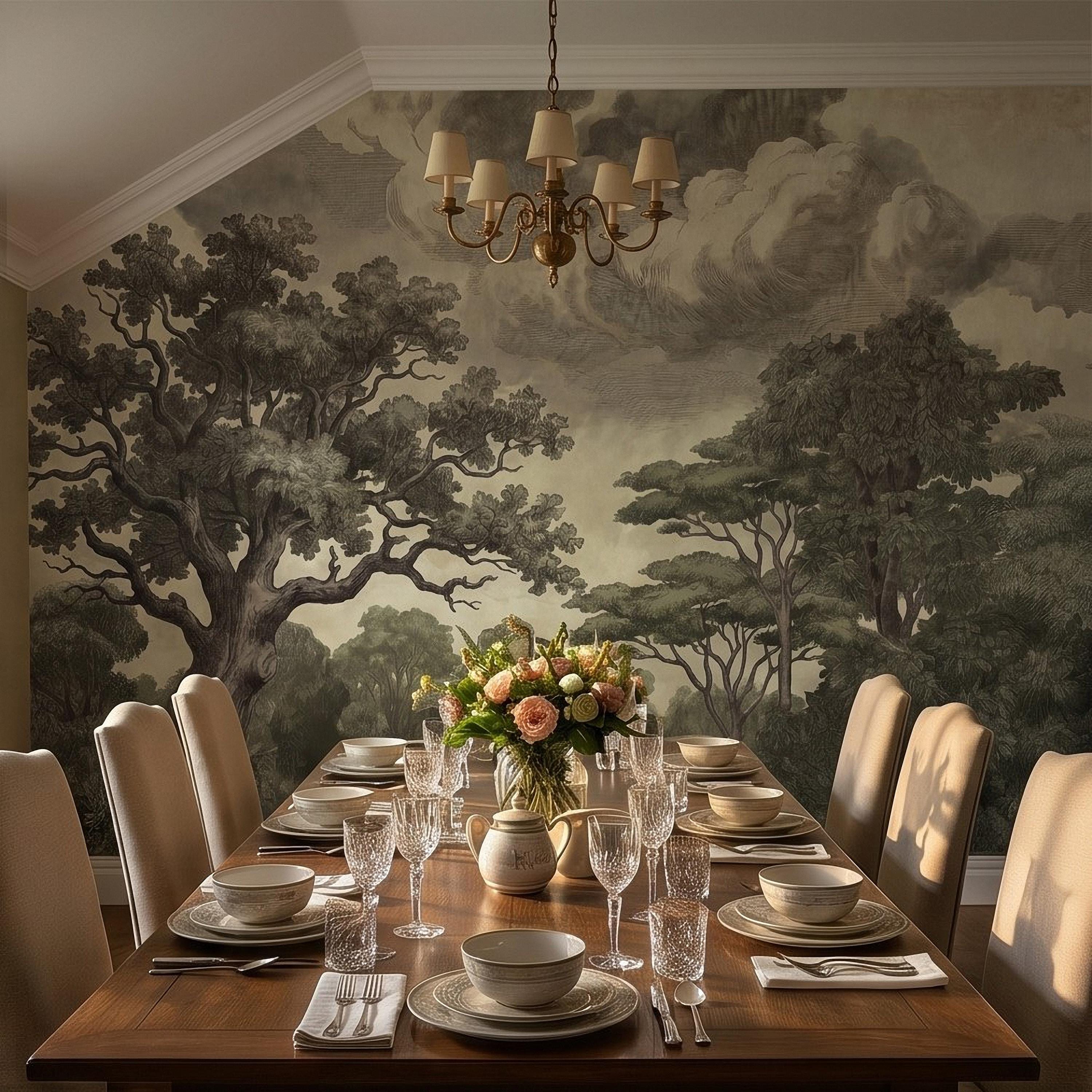 Vintage Engraved Forest Peel and Stick Wall Mural, Antique Old World Woodland Tree Landscape, Cloudy Sky Etching Botanical Toile Wallpaper