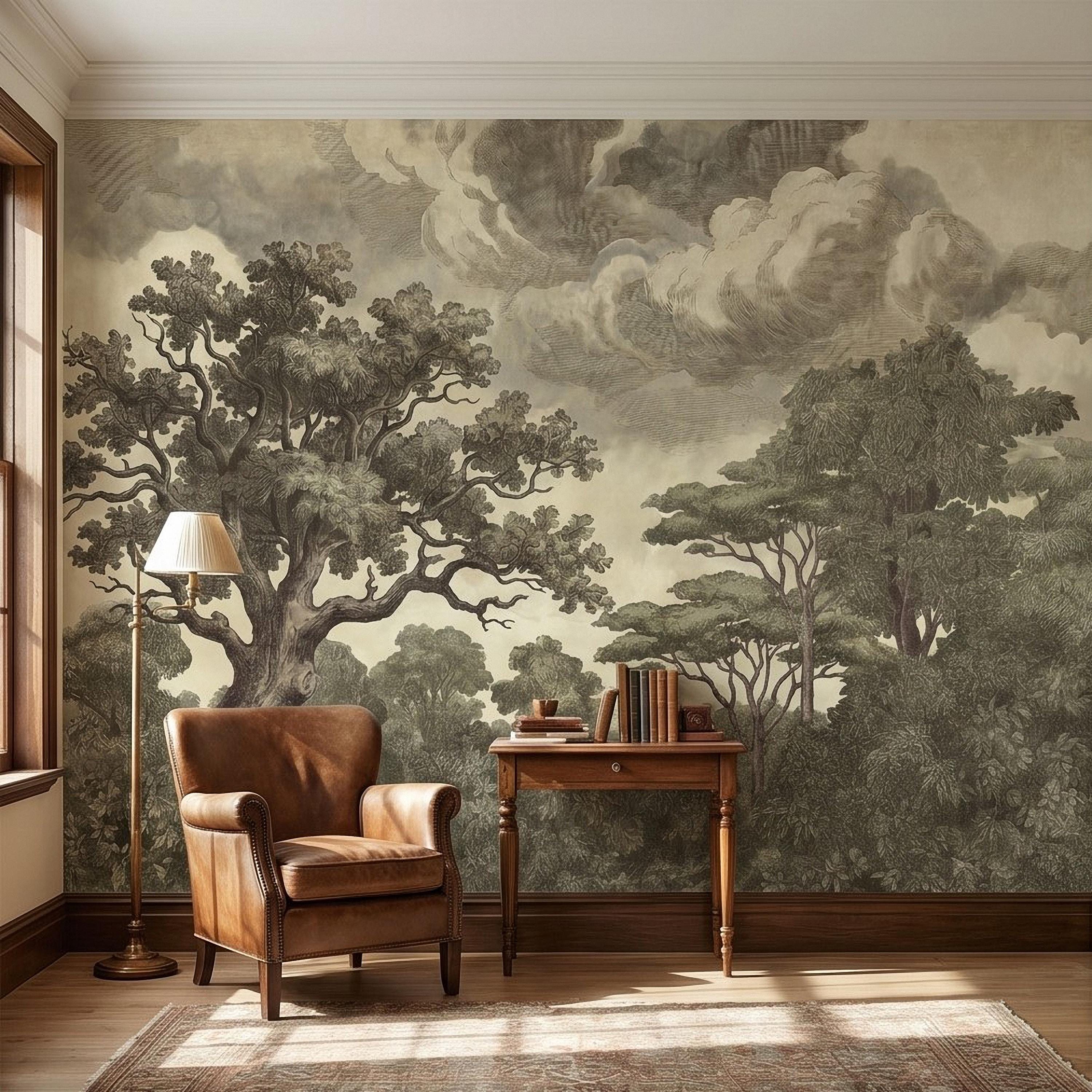 Vintage Engraved Forest Peel and Stick Wall Mural, Antique Old World Woodland Tree Landscape, Cloudy Sky Etching Botanical Toile Wallpaper