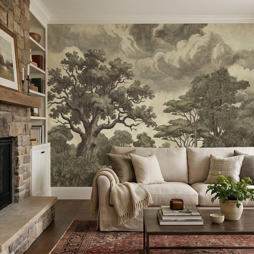 Vintage Engraved Forest Peel and Stick Wall Mural, Antique Old World Woodland Tree Landscape, Cloudy Sky Etching Botanical Toile Wallpaper