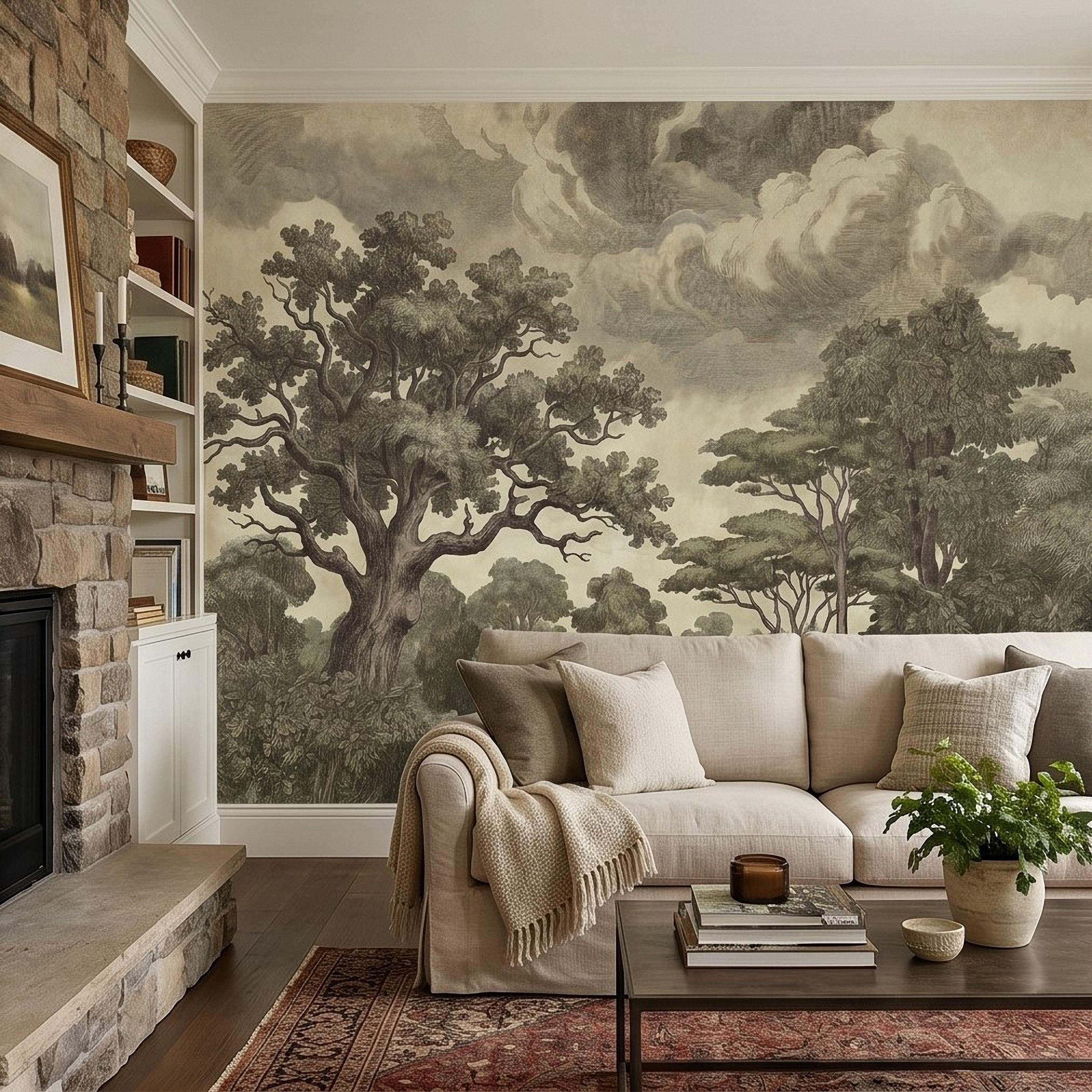 Vintage Engraved Forest Peel and Stick Wall Mural, Antique Old World Woodland Tree Landscape, Cloudy Sky Etching Botanical Toile Wallpaper