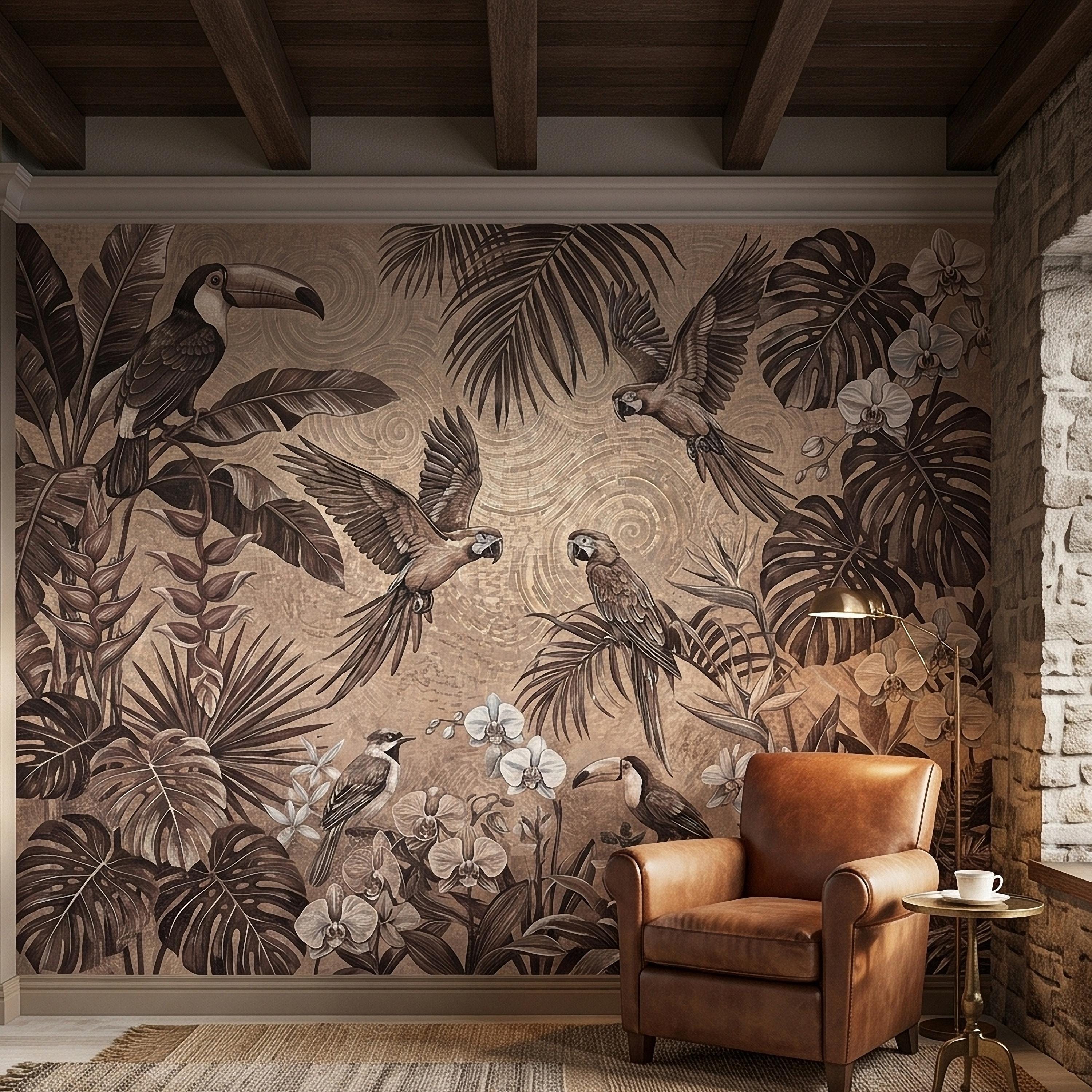 Tropical Birds and Orchids Peel and Stick Wall Mural, Vintage Toucan Parrot Jungle Monstera Leaves, Neutral Sepia Botanical Toile Wallpaper