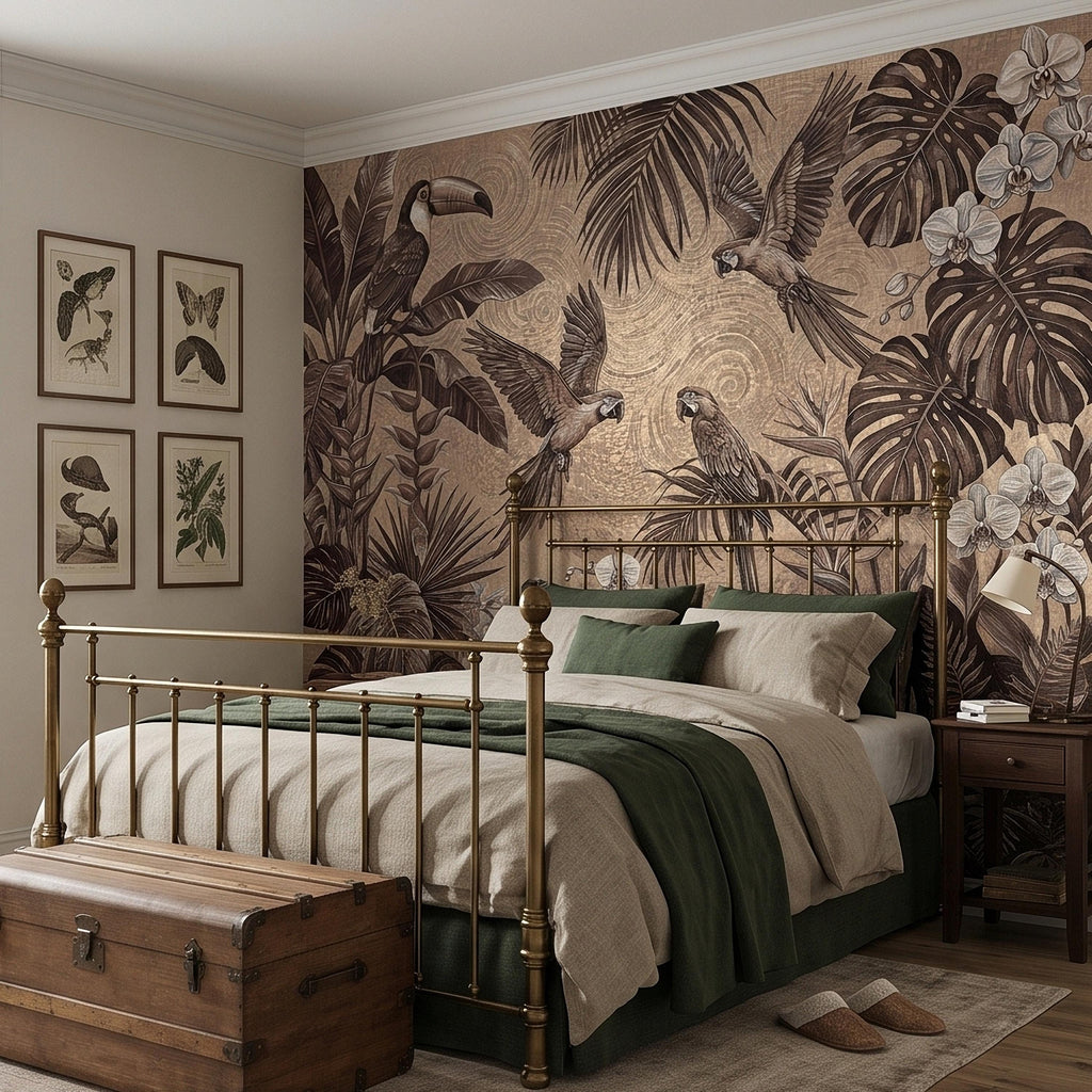 Tropical Birds and Orchids Peel and Stick Wall Mural, Vintage Toucan Parrot Jungle Monstera Leaves, Neutral Sepia Botanical Toile Wallpaper