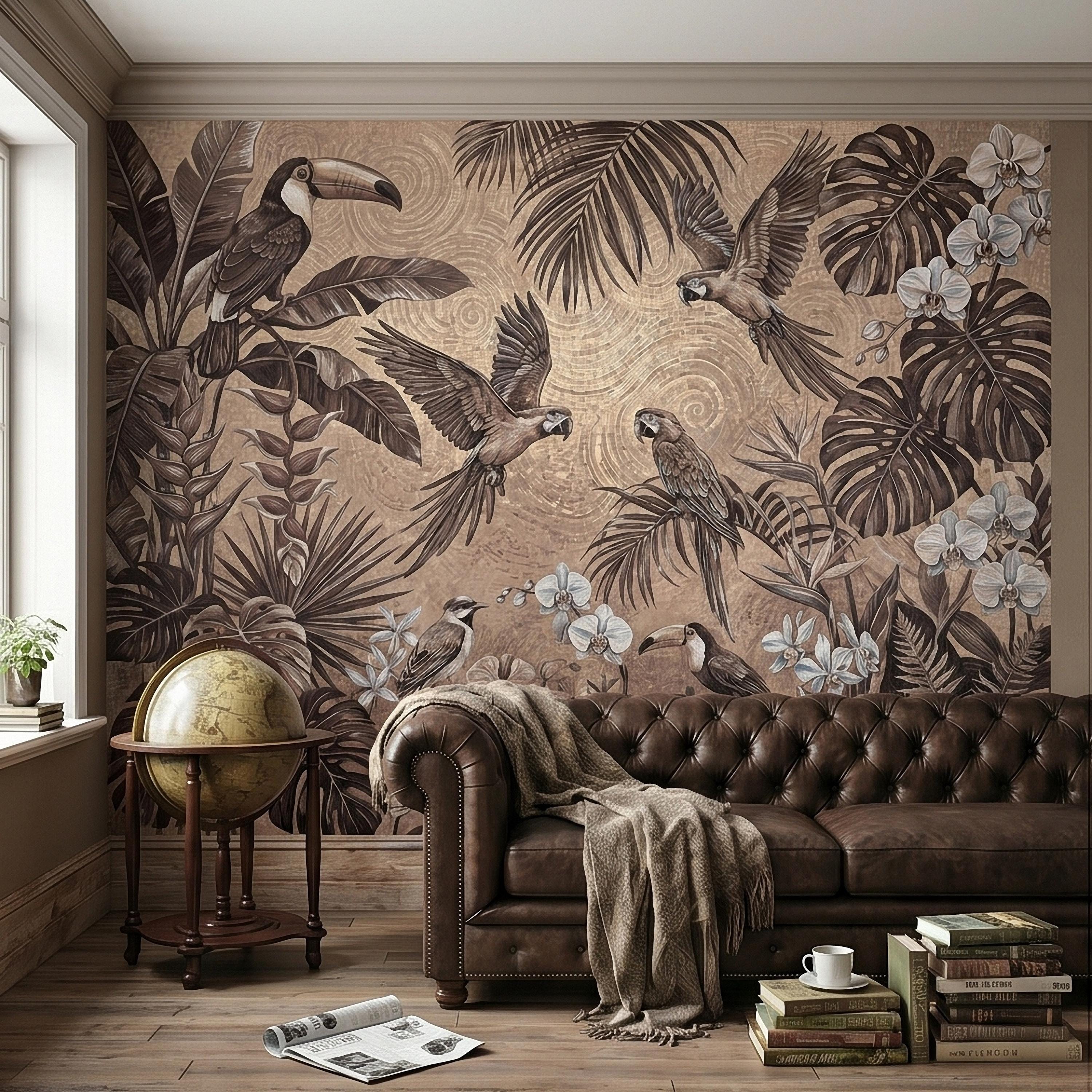 Tropical Birds and Orchids Peel and Stick Wall Mural, Vintage Toucan Parrot Jungle Monstera Leaves, Neutral Sepia Botanical Toile Wallpaper