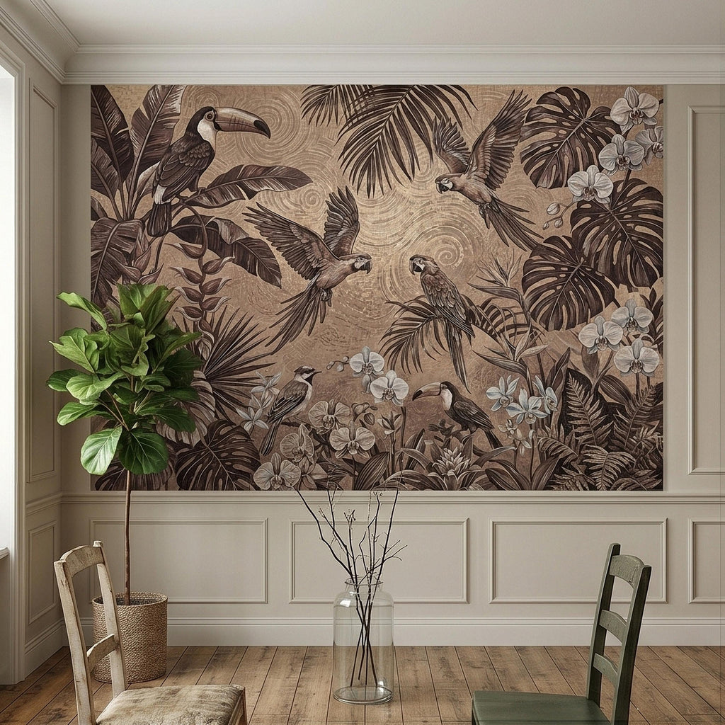 Tropical Birds and Orchids Peel and Stick Wall Mural, Vintage Toucan Parrot Jungle Monstera Leaves, Neutral Sepia Botanical Toile Wallpaper