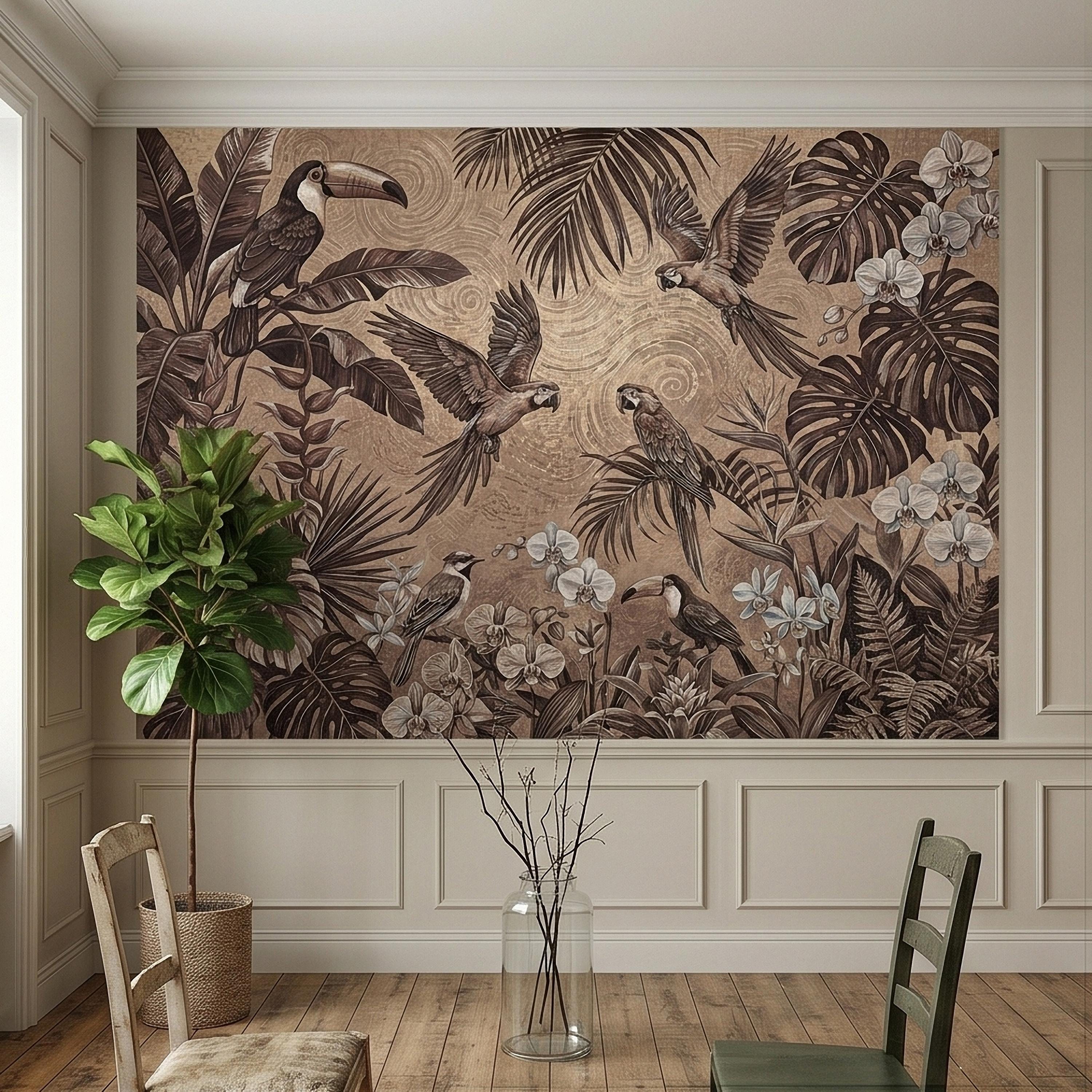 Tropical Birds and Orchids Peel and Stick Wall Mural, Vintage Toucan Parrot Jungle Monstera Leaves, Neutral Sepia Botanical Toile Wallpaper