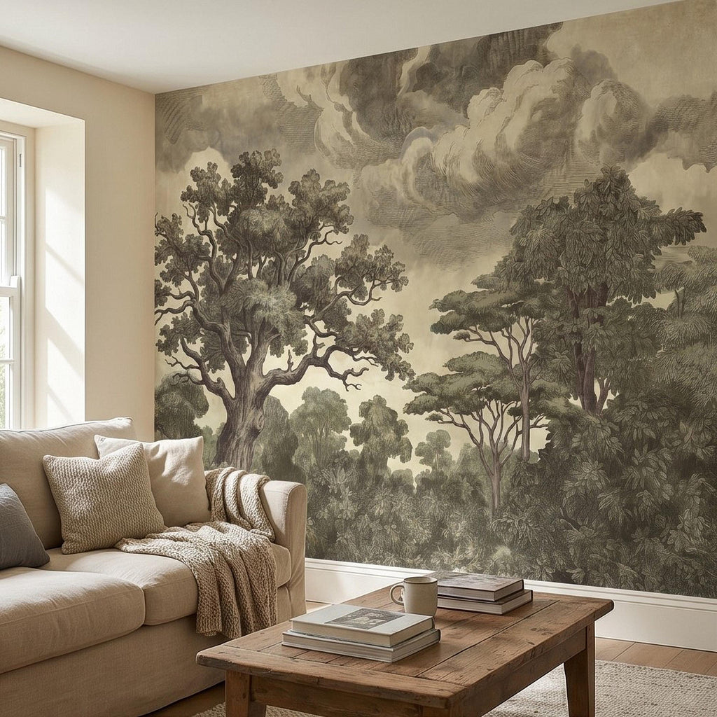 Vintage Engraved Forest Peel and Stick Wall Mural, Antique Old World Woodland Tree Landscape, Cloudy Sky Etching Botanical Toile Wallpaper