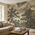 Vintage Engraved Forest Peel and Stick Wall Mural, Antique Old World Woodland Tree Landscape, Cloudy Sky Etching Botanical Toile Wallpaper