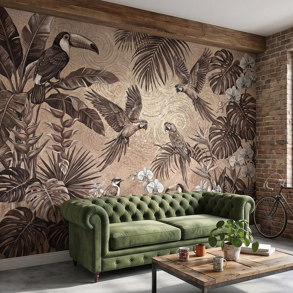 Tropical Birds and Orchids Peel and Stick Wall Mural, Vintage Toucan Parrot Jungle Monstera Leaves, Neutral Sepia Botanical Toile Wallpaper