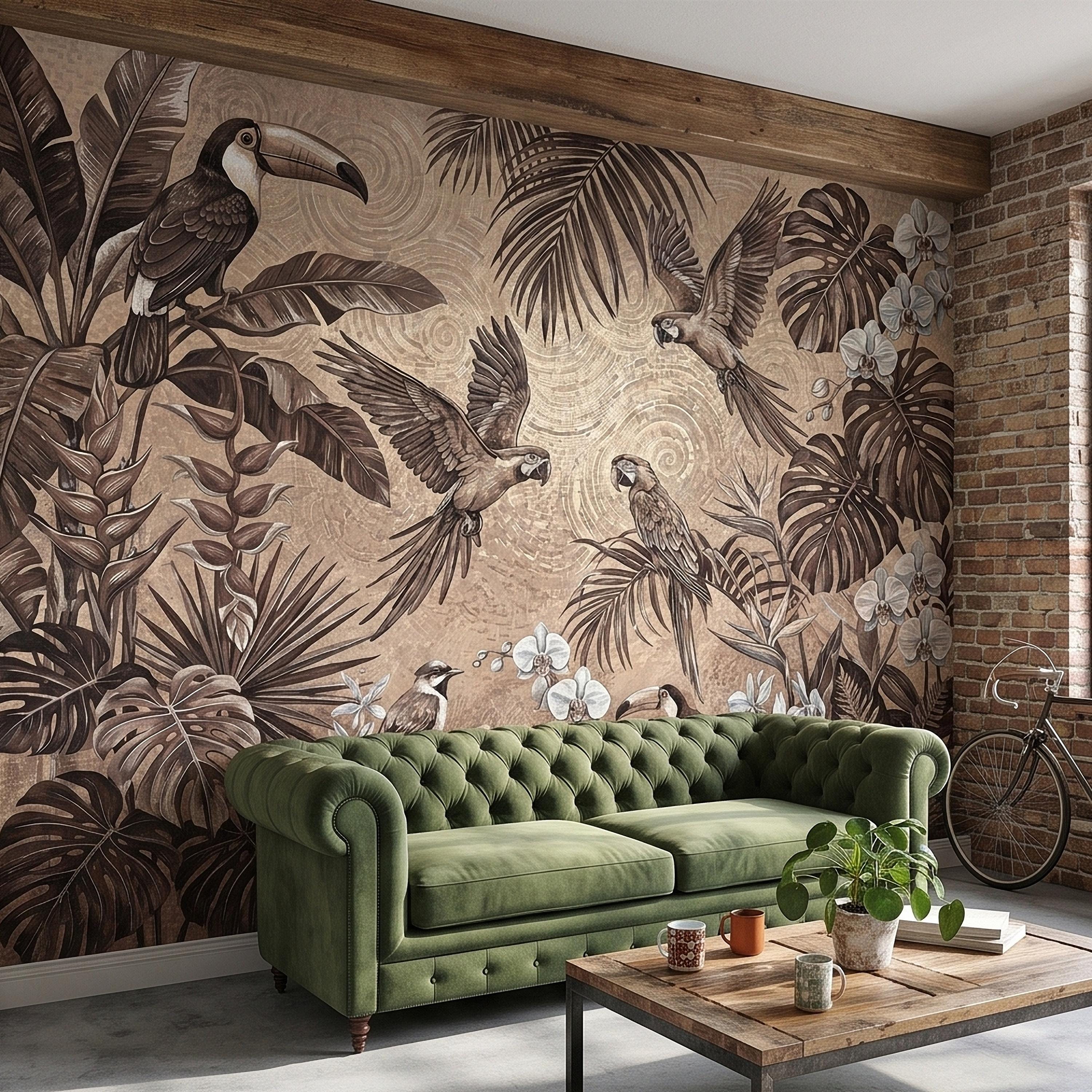 Tropical Birds and Orchids Peel and Stick Wall Mural, Vintage Toucan Parrot Jungle Monstera Leaves, Neutral Sepia Botanical Toile Wallpaper