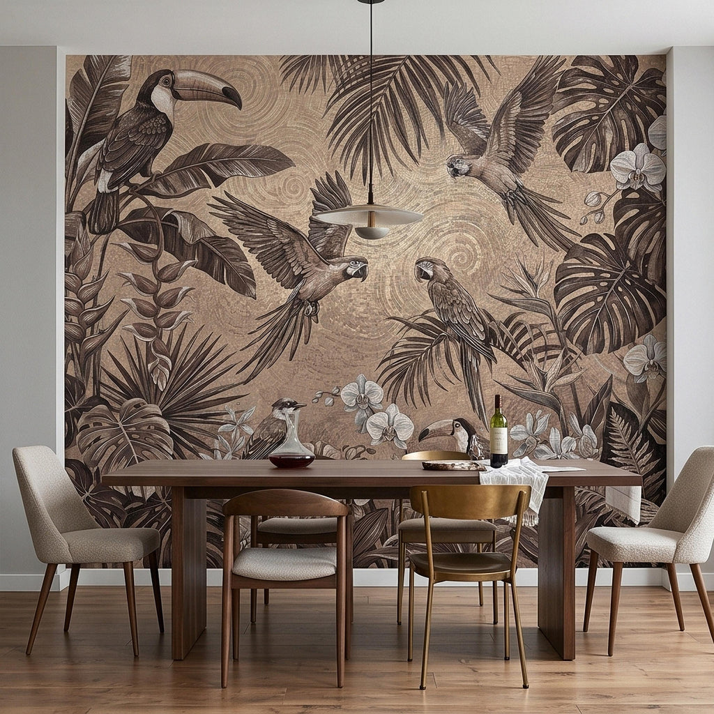 Tropical Birds and Orchids Peel and Stick Wall Mural, Vintage Toucan Parrot Jungle Monstera Leaves, Neutral Sepia Botanical Toile Wallpaper