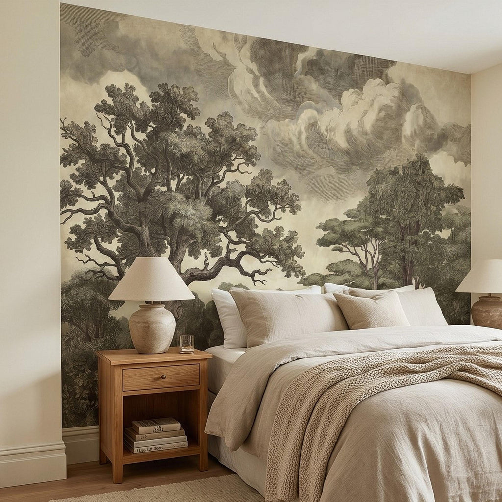 Vintage Engraved Forest Peel and Stick Wall Mural, Antique Old World Woodland Tree Landscape, Cloudy Sky Etching Botanical Toile Wallpaper