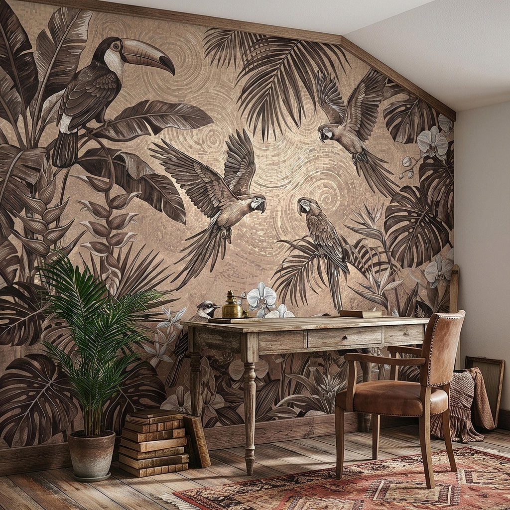 Tropical Birds and Orchids Peel and Stick Wall Mural, Vintage Toucan Parrot Jungle Monstera Leaves, Neutral Sepia Botanical Toile Wallpaper