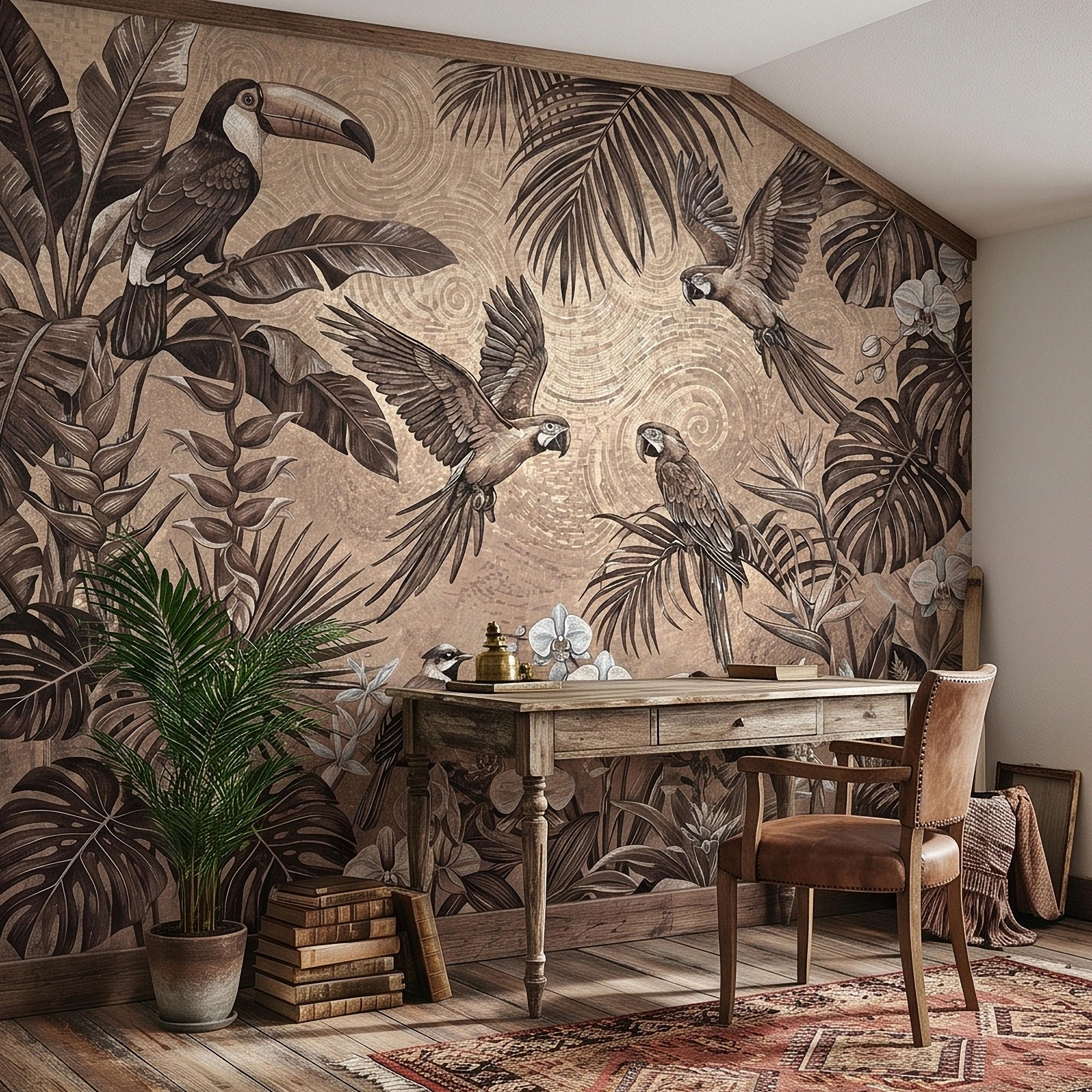 Tropical Birds and Orchids Peel and Stick Wall Mural, Vintage Toucan Parrot Jungle Monstera Leaves, Neutral Sepia Botanical Toile Wallpaper