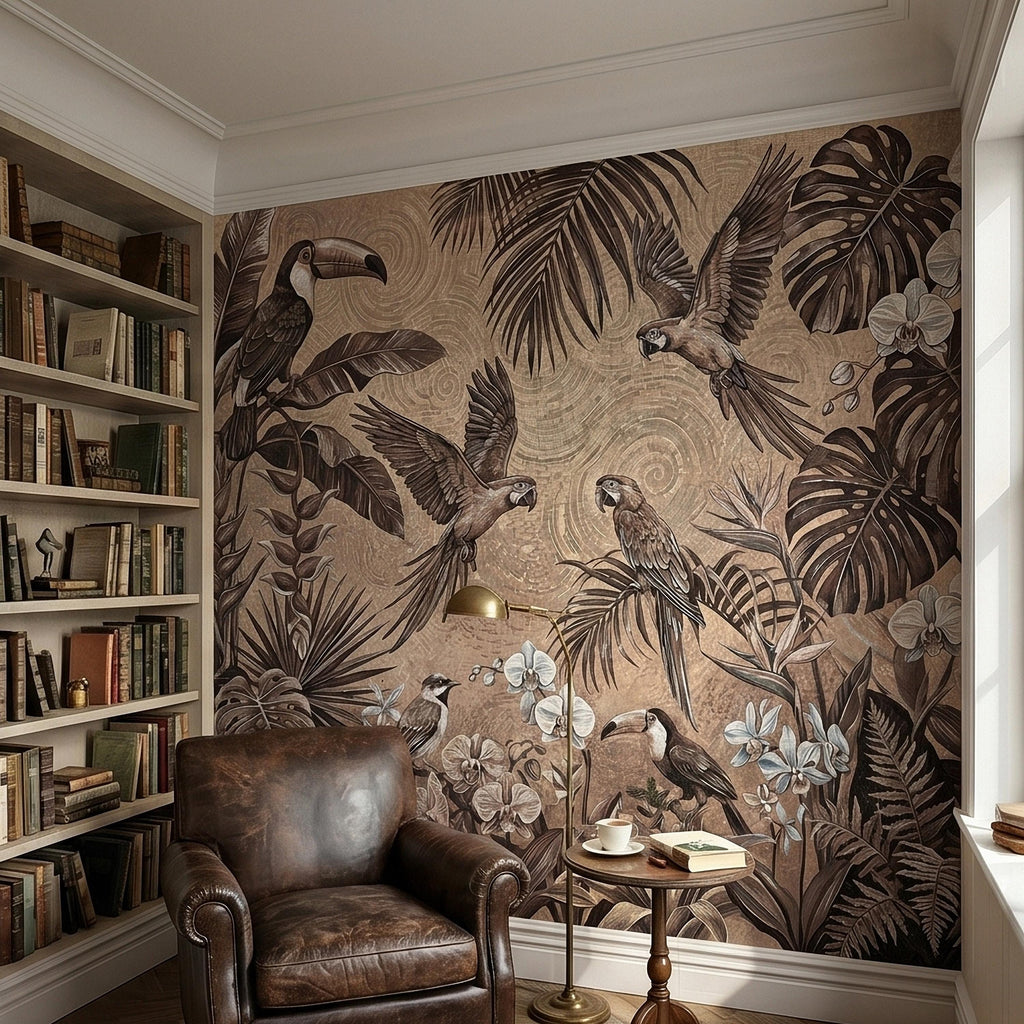 Tropical Birds and Orchids Peel and Stick Wall Mural, Vintage Toucan Parrot Jungle Monstera Leaves, Neutral Sepia Botanical Toile Wallpaper