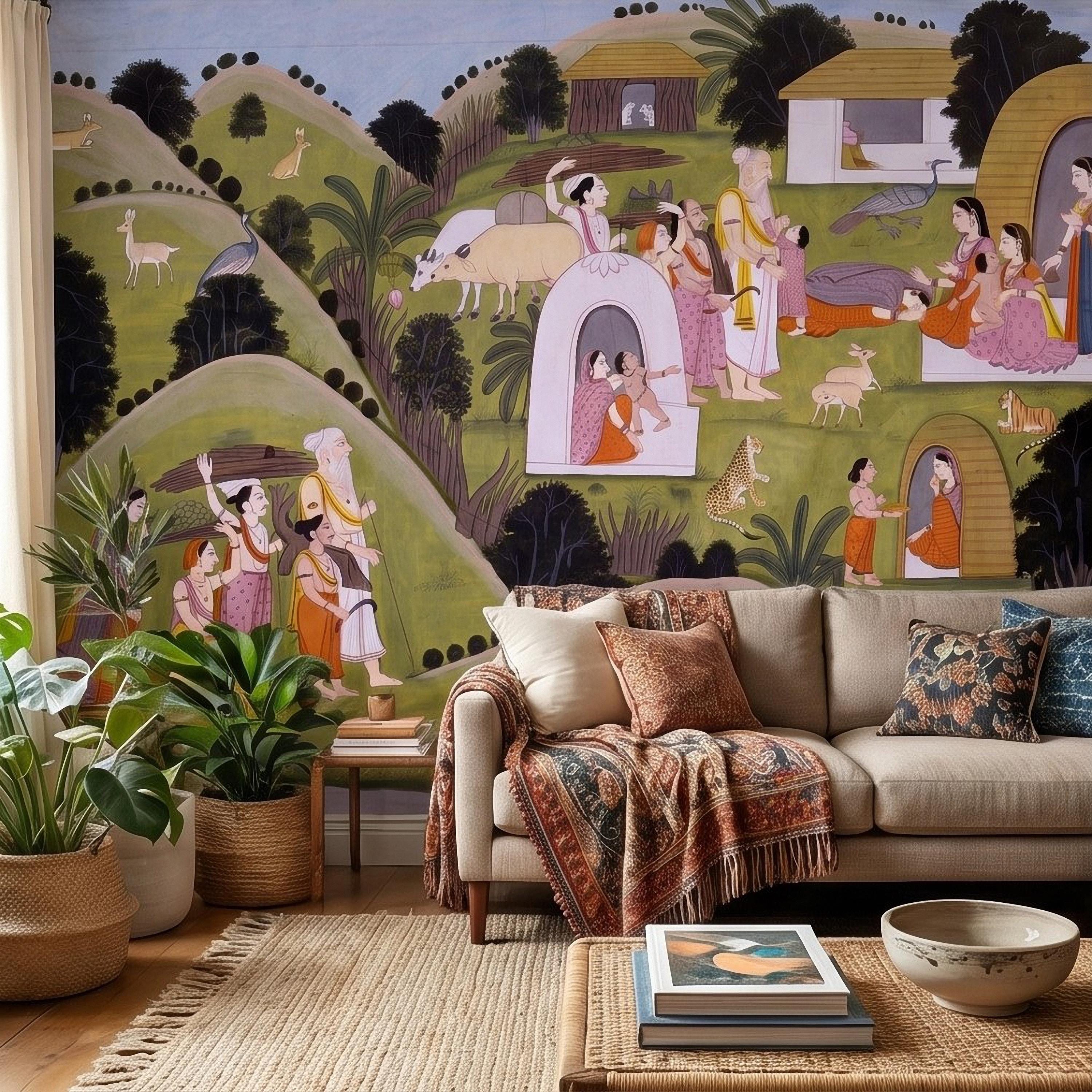Ramayana Hermitage of Valmiki Nadaun Peel and Stick Wall Mural, Rajasthani Indian Miniature Village Scene, Adventures of Rama Wallpaper