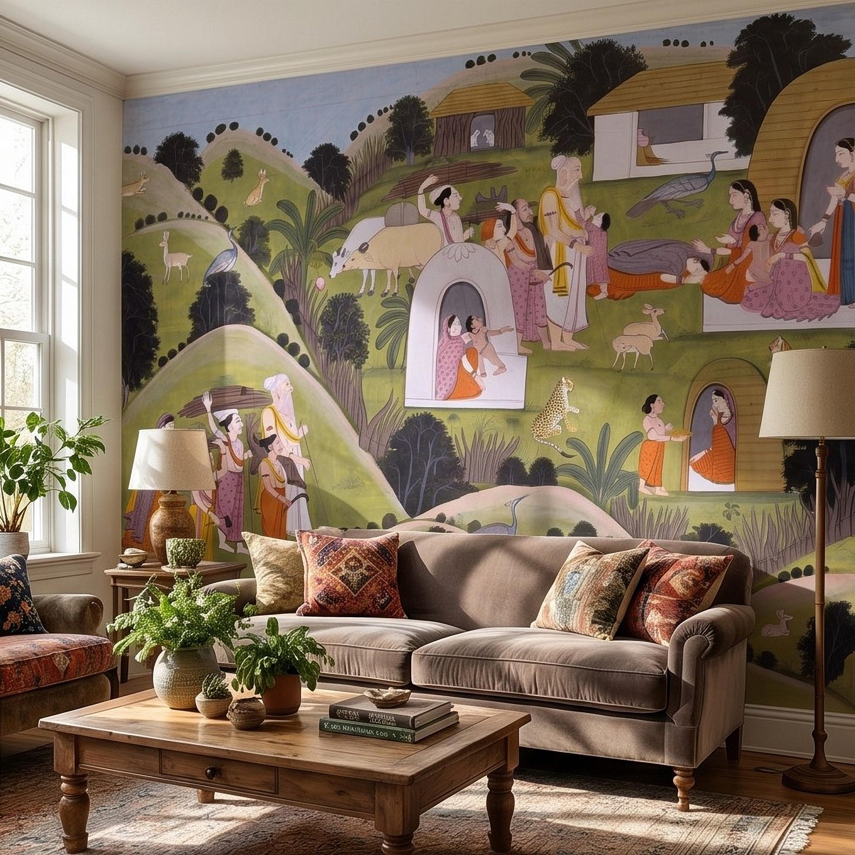 Ramayana Hermitage of Valmiki Nadaun Peel and Stick Wall Mural, Rajasthani Indian Miniature Village Scene, Adventures of Rama Wallpaper