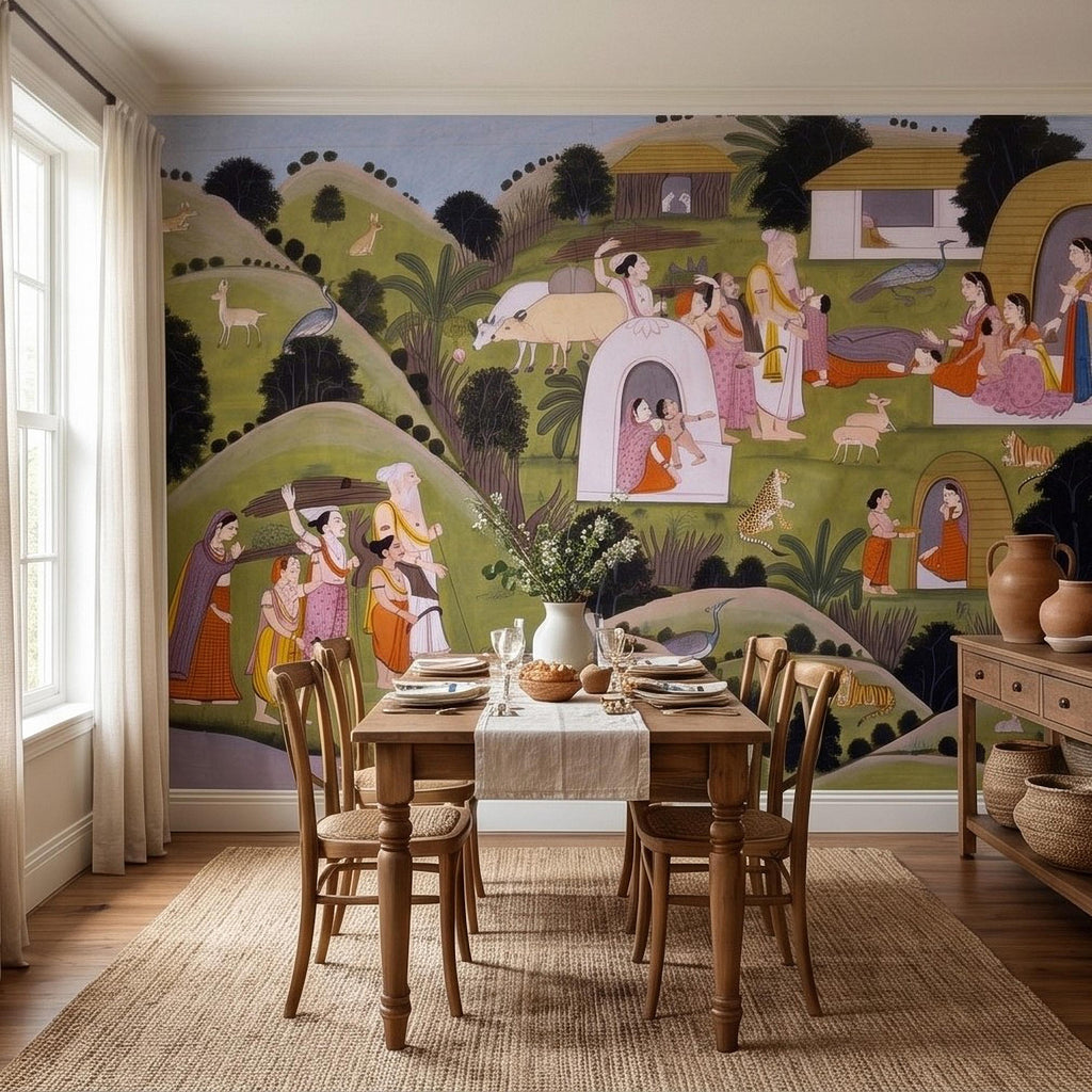 Ramayana Hermitage of Valmiki Nadaun Peel and Stick Wall Mural, Rajasthani Indian Miniature Village Scene, Adventures of Rama Wallpaper