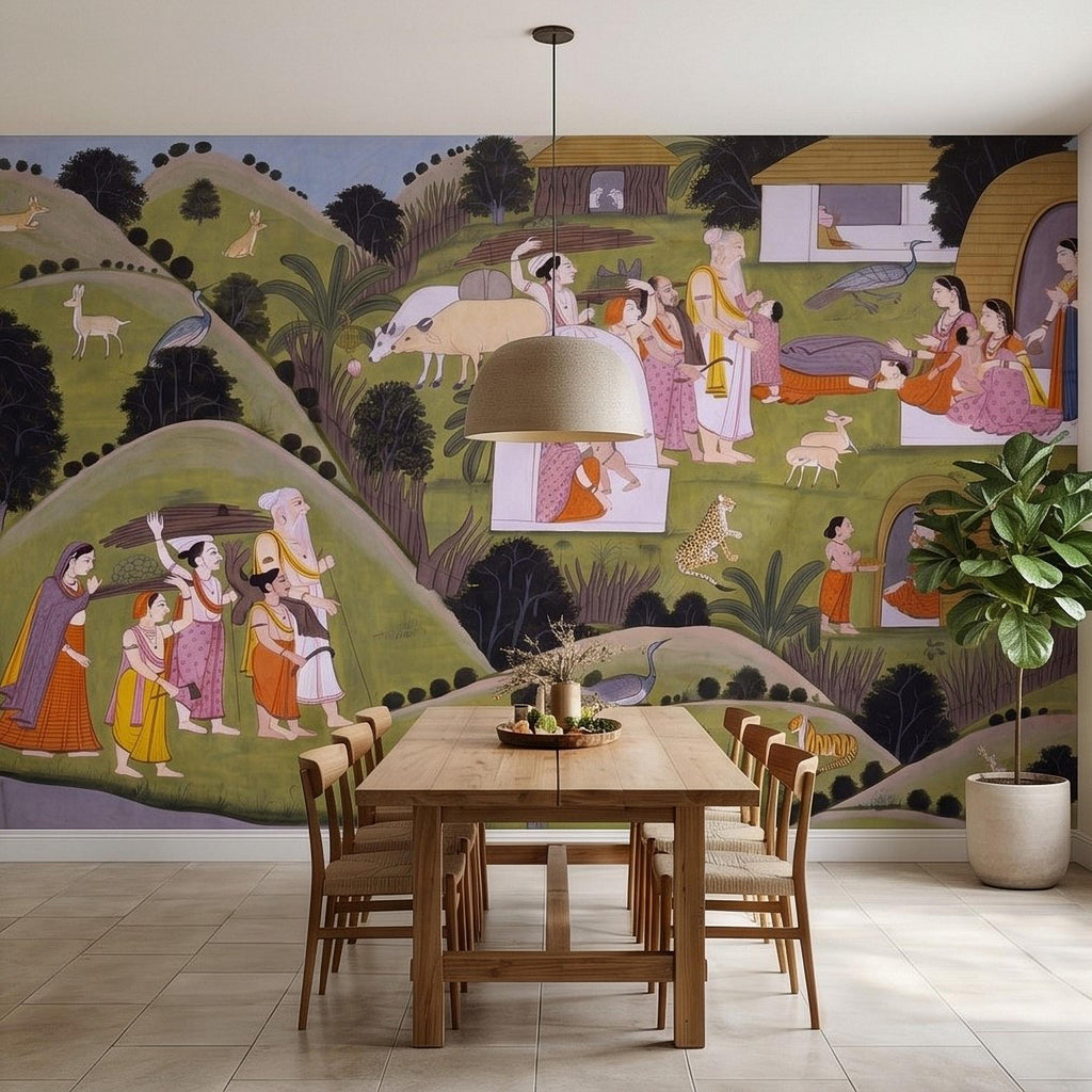 Ramayana Hermitage of Valmiki Nadaun Peel and Stick Wall Mural, Rajasthani Indian Miniature Village Scene, Adventures of Rama Wallpaper