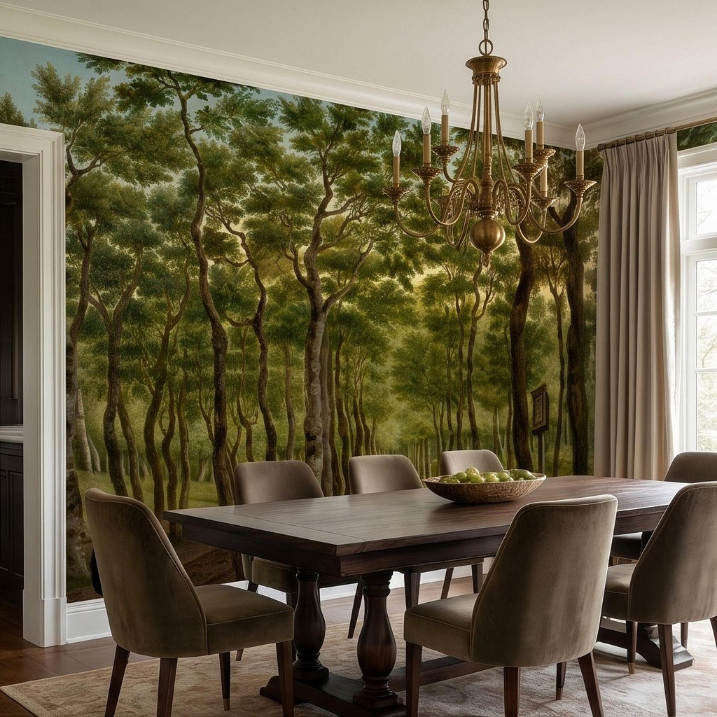 Vintage Tree Lined Avenue Peel and Stick Wall Mural, Romantic Sunlit Forest Park Path Landscape, Antique Botanical Greenery Scene Wallpaper