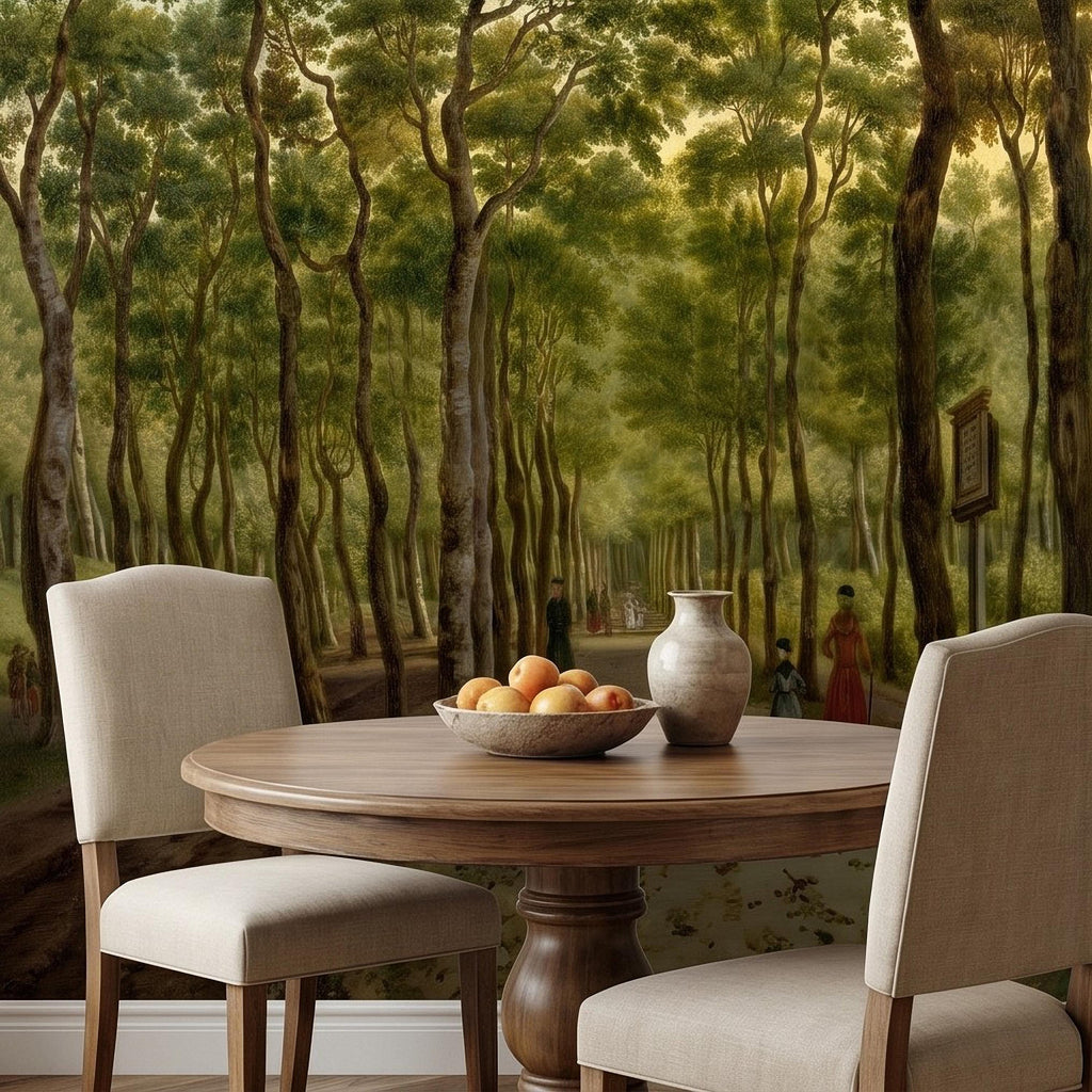 Vintage Tree Lined Avenue Peel and Stick Wall Mural, Romantic Sunlit Forest Park Path Landscape, Antique Botanical Greenery Scene Wallpaper