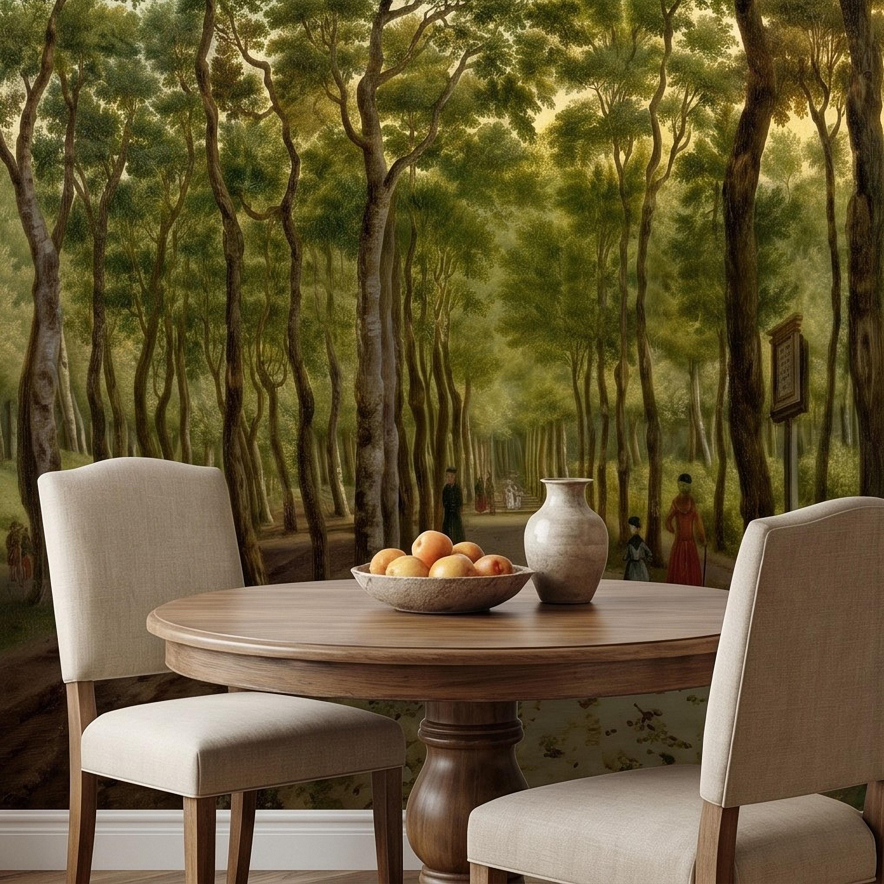Vintage Tree Lined Avenue Peel and Stick Wall Mural, Romantic Sunlit Forest Park Path Landscape, Antique Botanical Greenery Scene Wallpaper